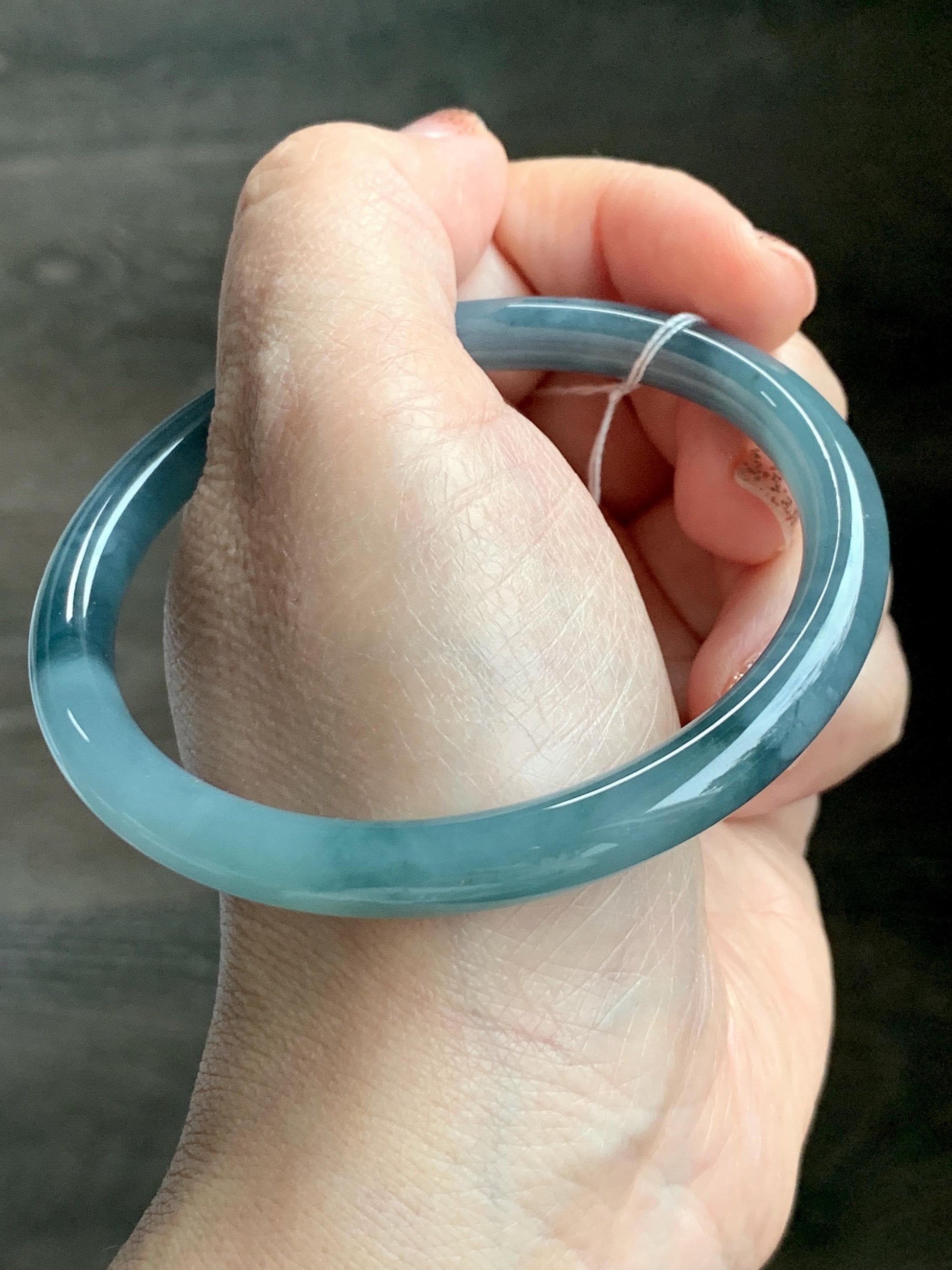 Certified Natural Grade A Guatemalan Icy Translucent Dusty Teal Blue Jade Jadeite Bangle 60.8mm 7.5” 29.6g 天然冰危蓝紫翡翠圆条手镯 471