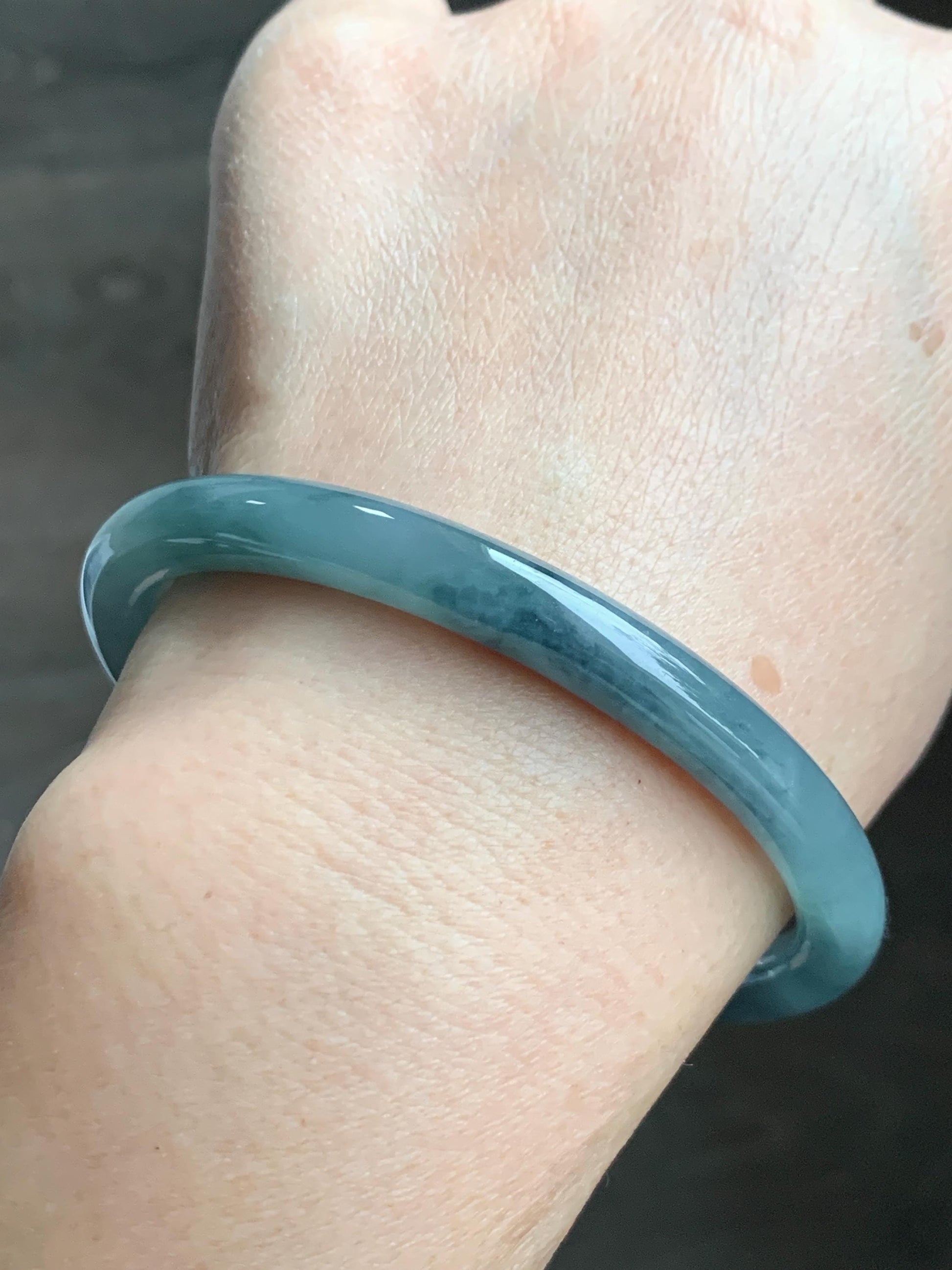 Certified Natural Grade A Guatemalan Icy Translucent Dusty Teal Blue Jade Jadeite Bangle 60.8mm 7.5” 29.6g 天然冰危蓝紫翡翠圆条手镯 471