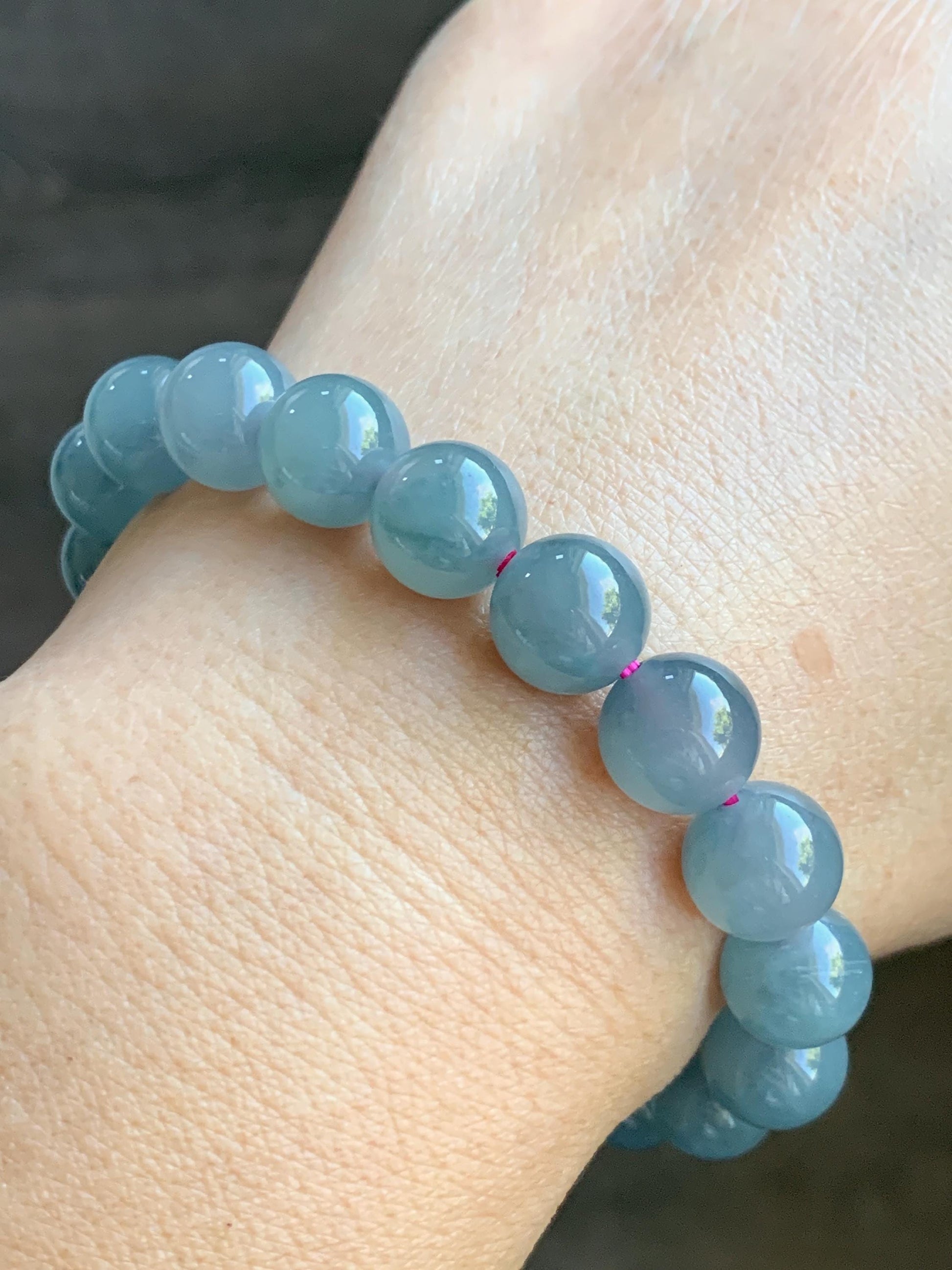 Natural Grade A Guatemalan Icy Translucent Gelatinous Gray Teal Blue Jade Jadeite Beaded Bracelet Stretchy 9.6mm 6.75" 30g 天然冰危灰蓝紫翡翠手串WHZ400