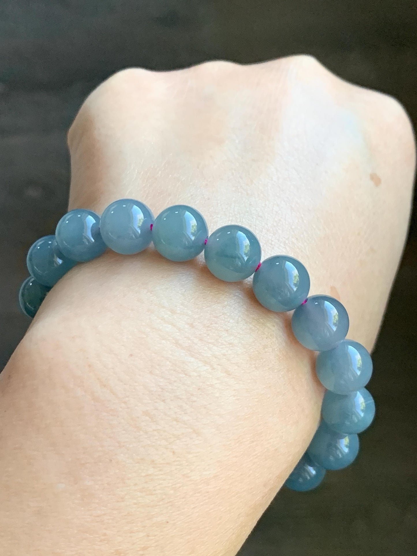 Natural Grade A Guatemalan Icy Translucent Gelatinous Gray Teal Blue Jade Jadeite Beaded Bracelet Stretchy 9.6mm 6.75" 30g 天然冰危灰蓝紫翡翠手串WHZ400