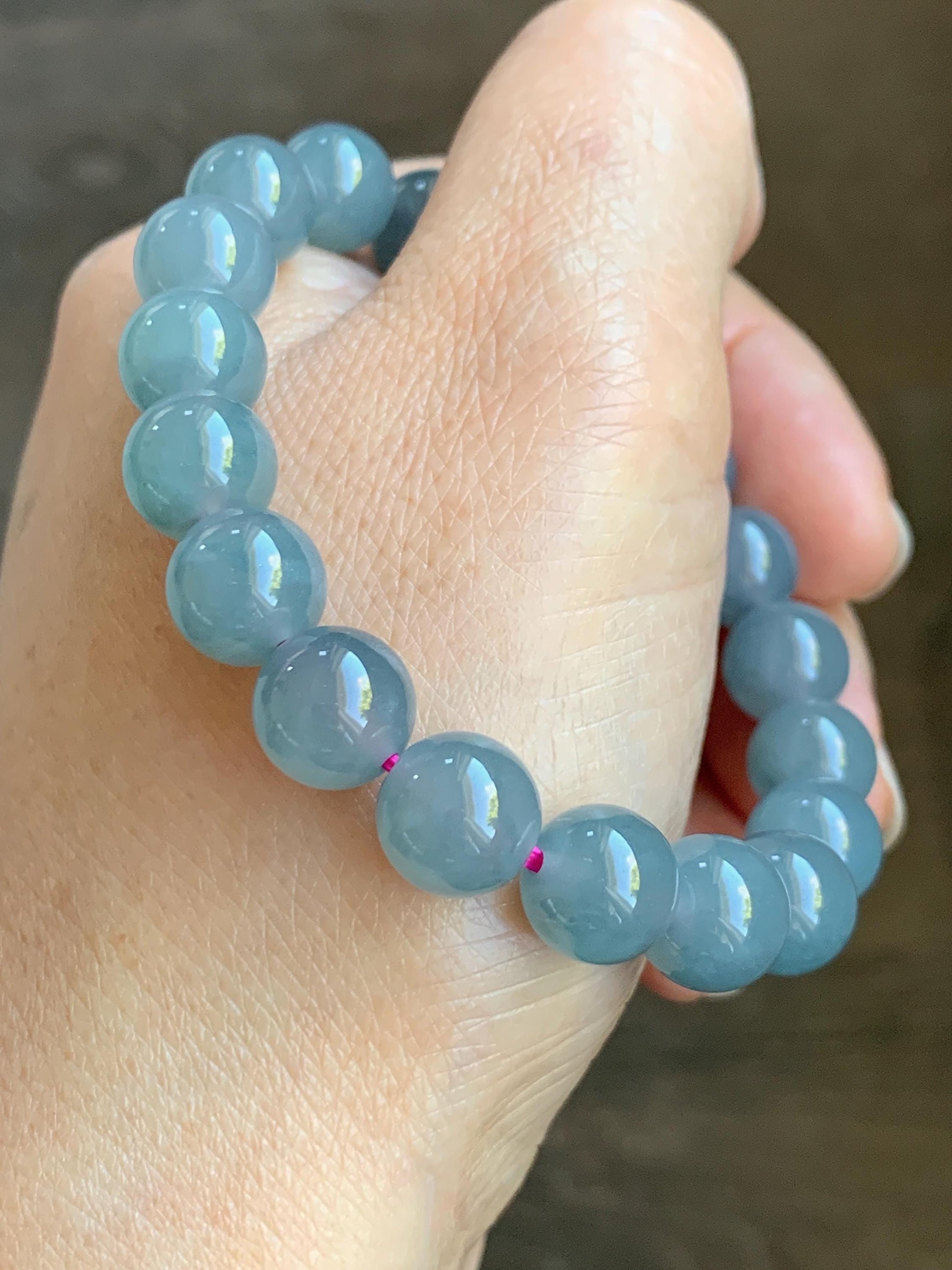 Natural Grade A Guatemalan Icy Translucent Gelatinous Gray Teal Blue Jade Jadeite Beaded Bracelet Stretchy 9.6mm 6.75" 30g 天然冰危灰蓝紫翡翠手串WHZ400