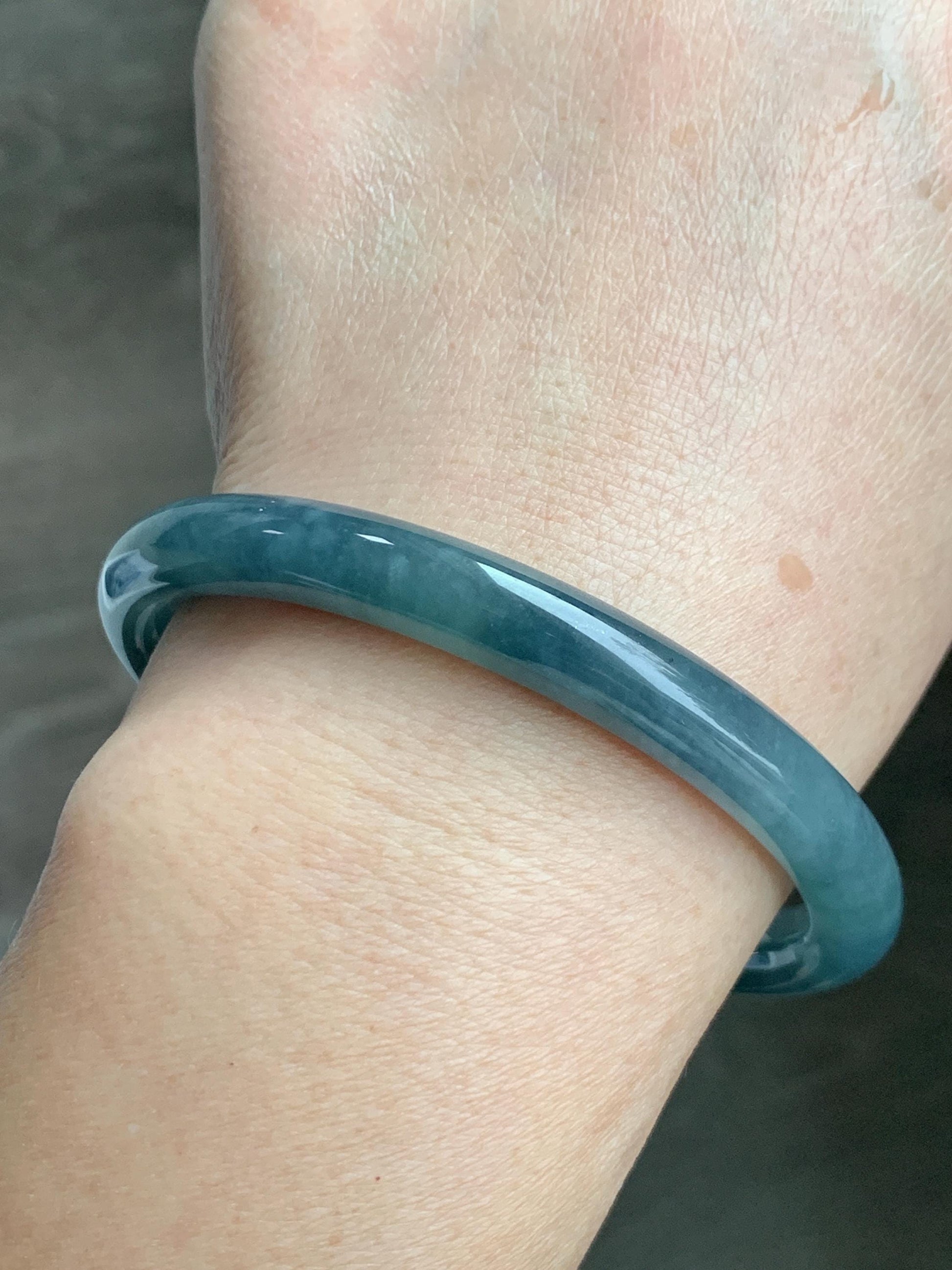 Certified Natural Grade A Guatemalan Icy Translucent Dark Teal Blue Jade Jadeite Bangle 58.5mm 7.23” 32g 天然冰危蓝翡翠圆条手镯 472