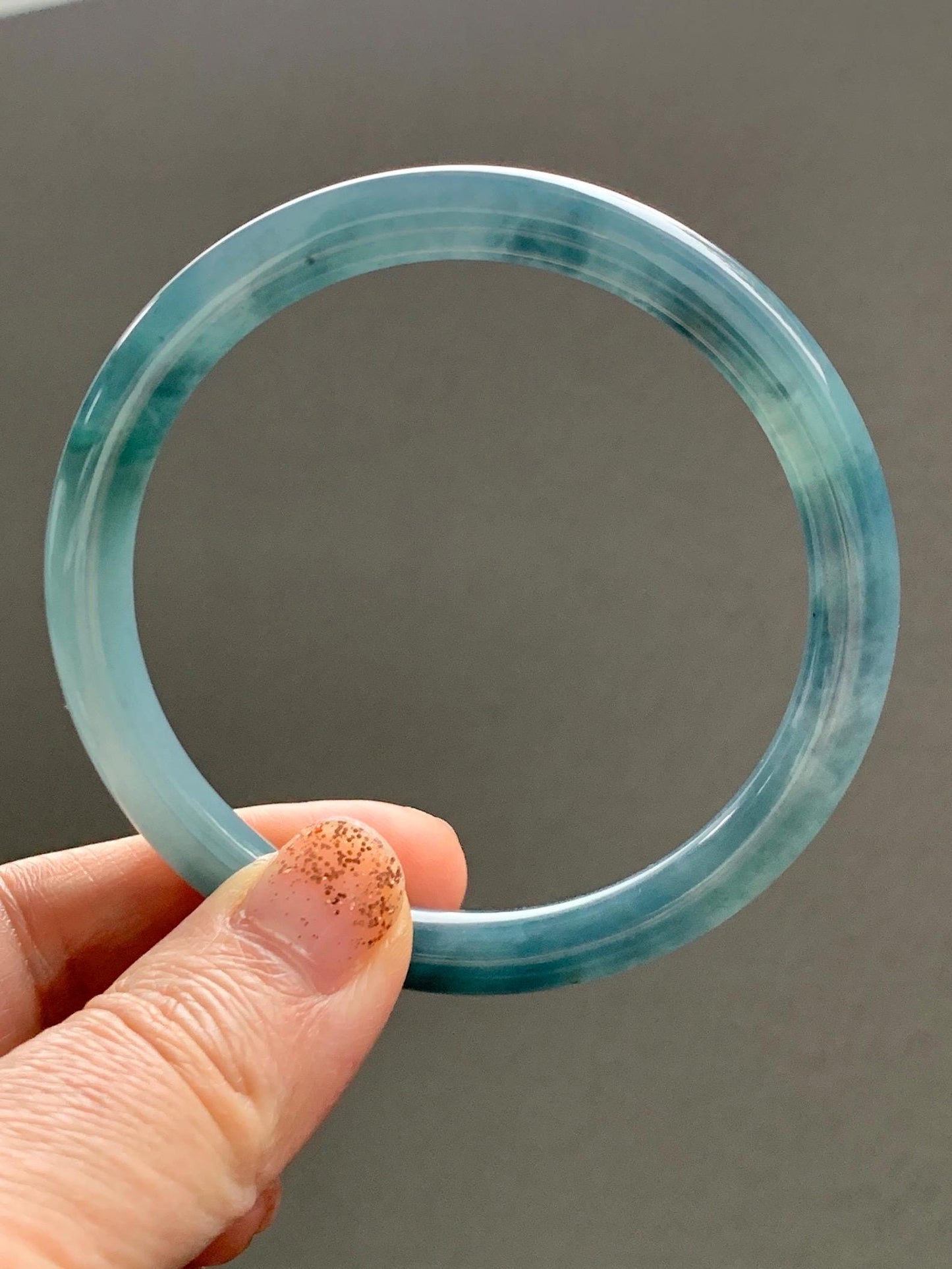 Certified Natural Grade A Guatemalan Icy Translucent Dark Teal Blue Jade Jadeite Bangle 58.5mm 7.23” 32g 天然冰危蓝翡翠圆条手镯 472