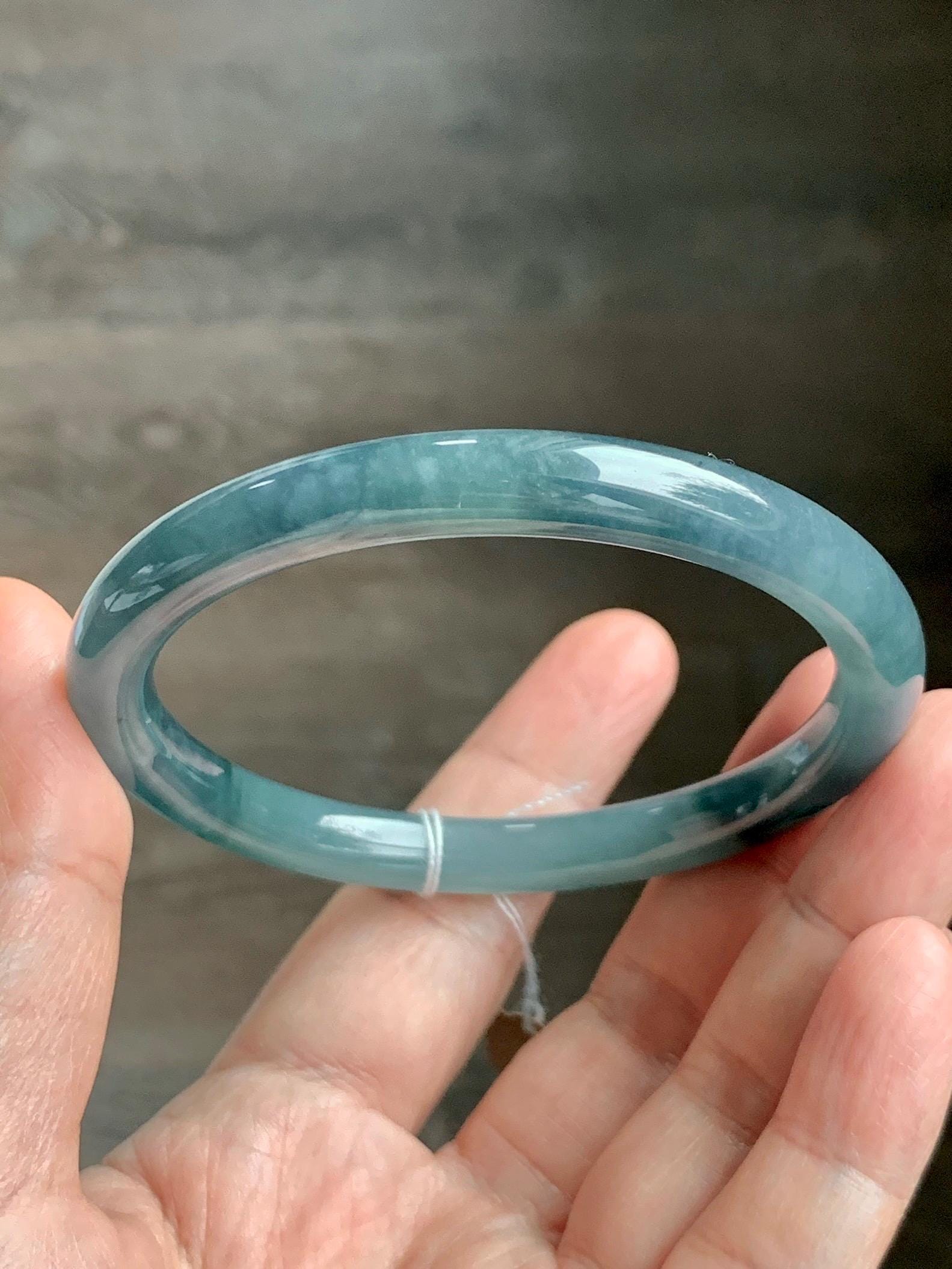 Certified Natural Grade A Guatemalan Icy Translucent Dark Teal Blue Jade Jadeite Bangle 58.5mm 7.23” 32g 天然冰危蓝翡翠圆条手镯 472