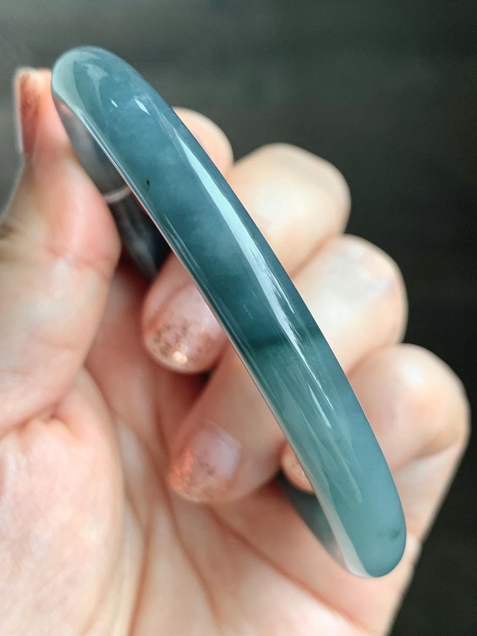 Certified Natural Grade A Guatemalan Icy Translucent Dark Teal Blue Jade Jadeite Bangle 58.5mm 7.23” 32g 天然冰危蓝翡翠圆条手镯 472