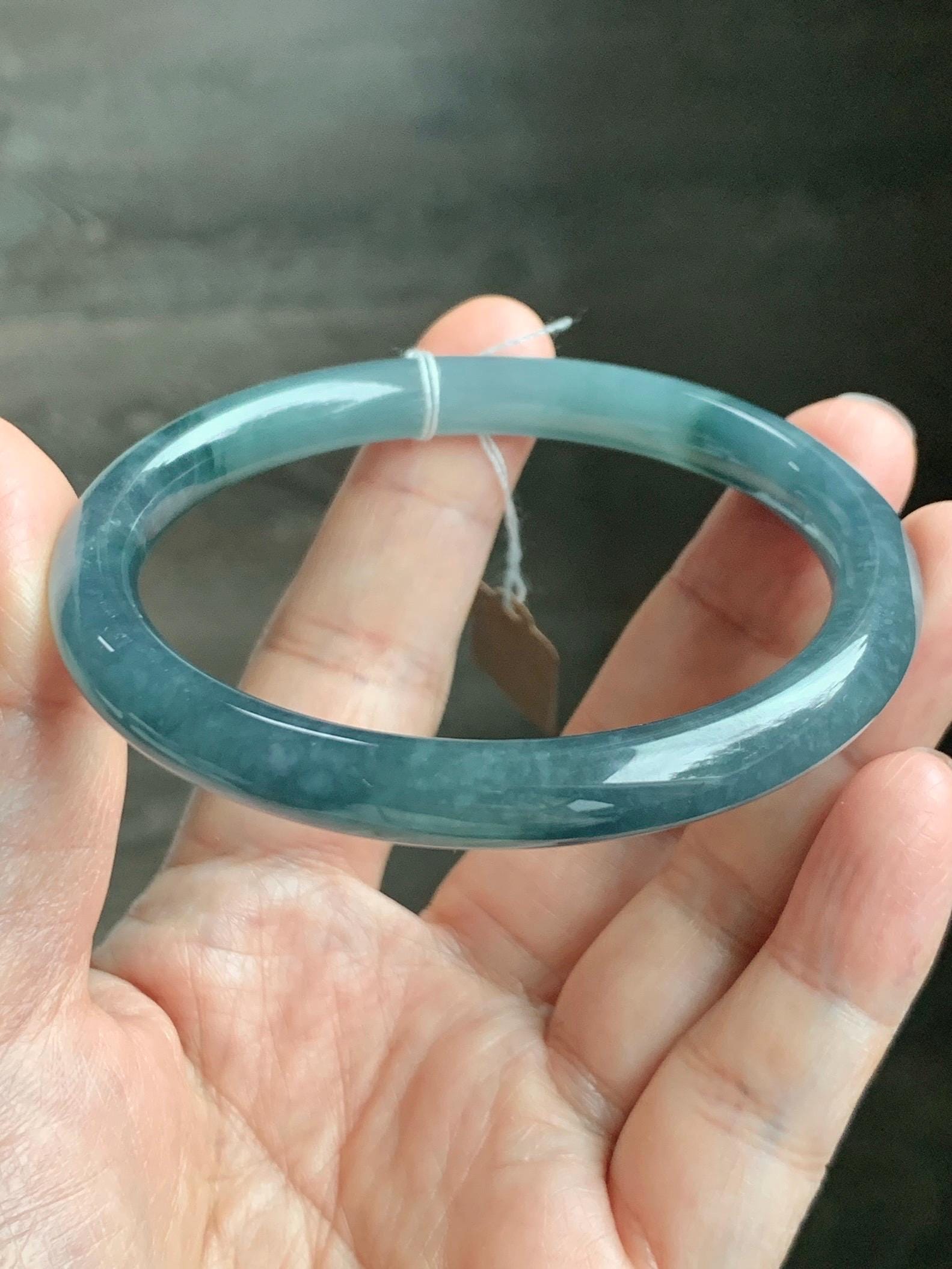 Certified Natural Grade A Guatemalan Icy Translucent Dark Teal Blue Jade Jadeite Bangle 58.5mm 7.23” 32g 天然冰危蓝翡翠圆条手镯 472