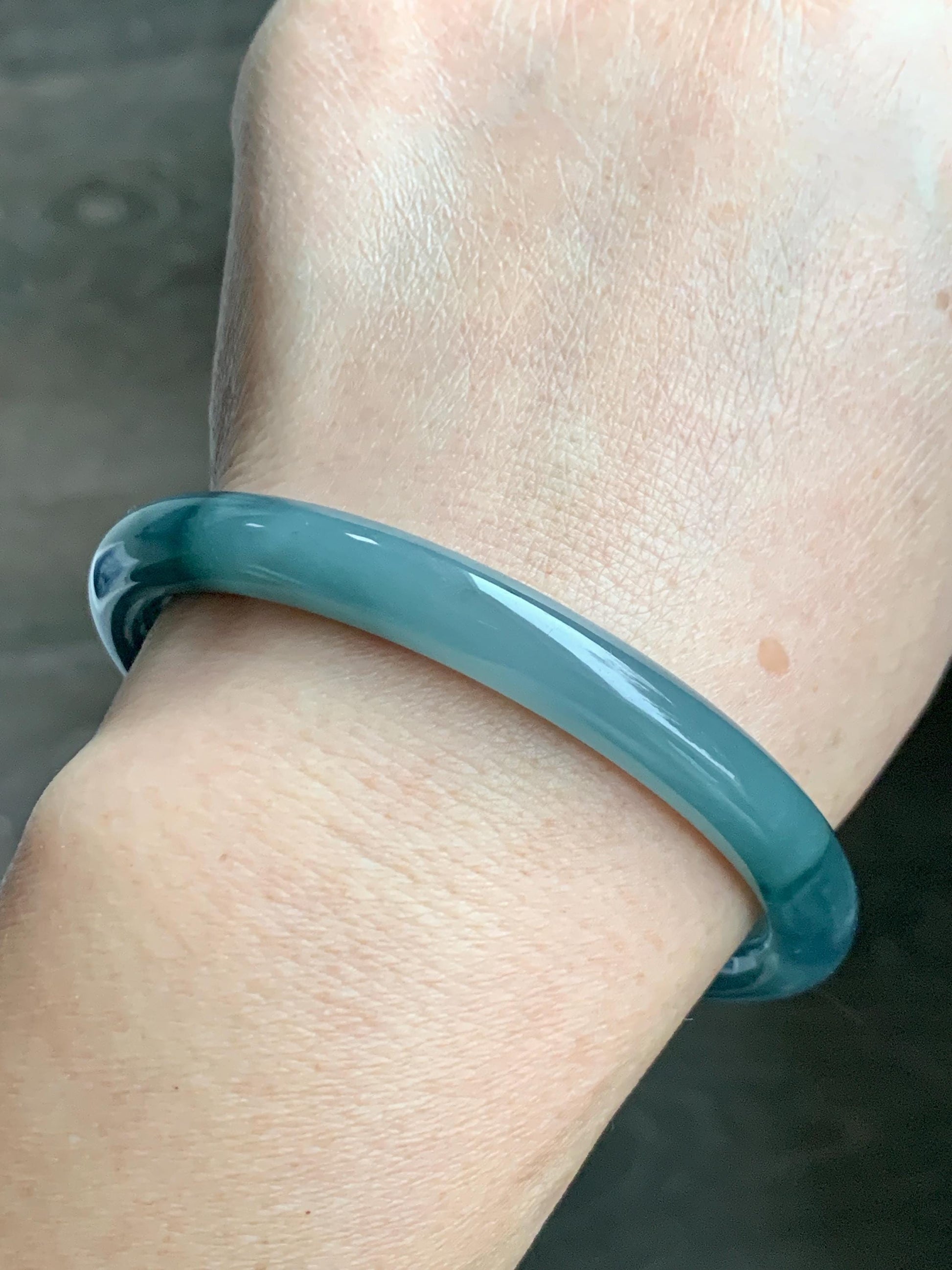Certified Natural Grade A Guatemalan Icy Translucent Dark Teal Blue Jade Jadeite Bangle 58.5mm 7.23” 32g 天然冰危蓝翡翠圆条手镯 472