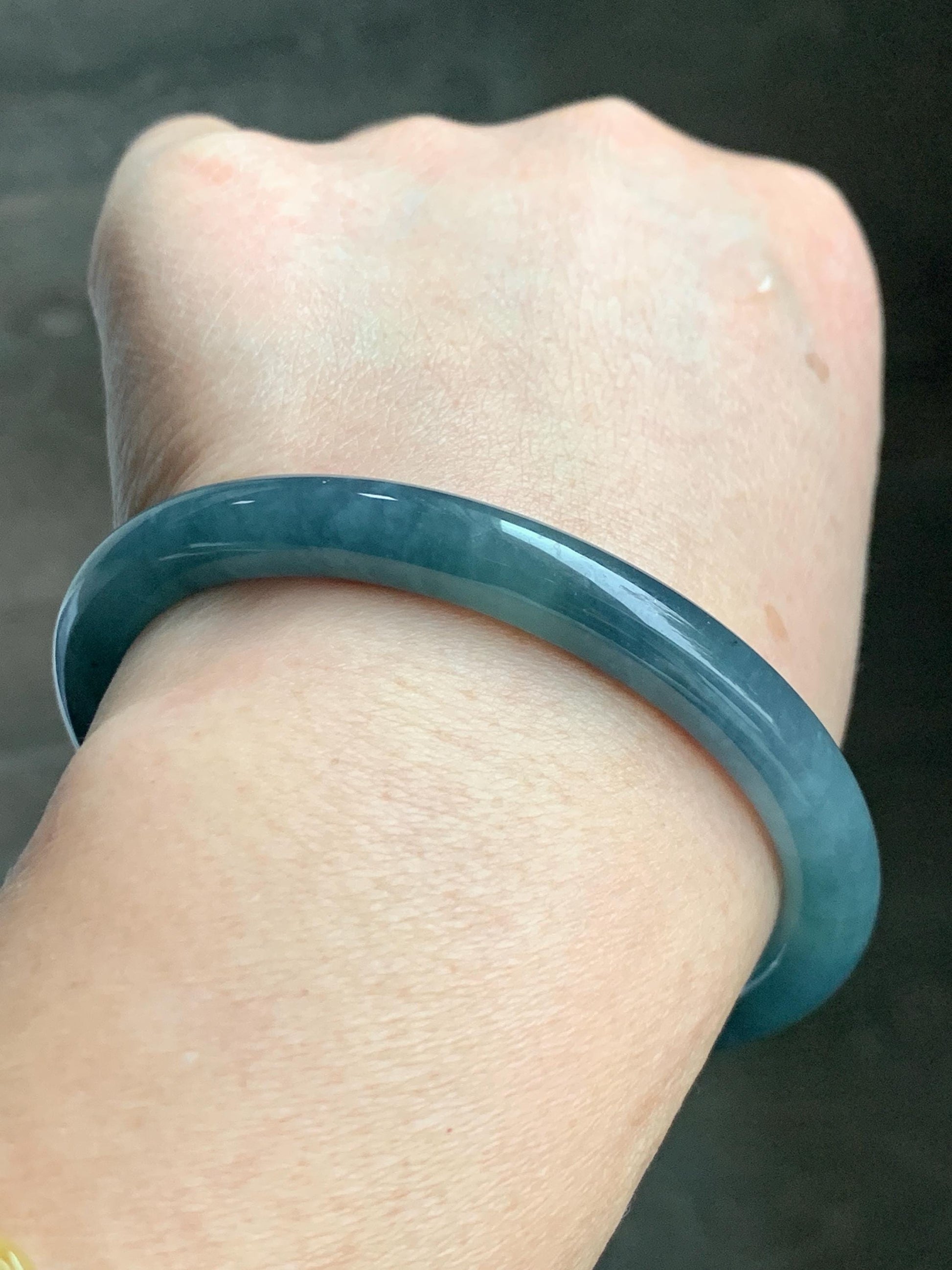 Certified Natural Grade A Guatemalan Icy Translucent Dark Teal Blue Jade Jadeite Bangle 58.5mm 7.23” 32g 天然冰危蓝翡翠圆条手镯 472