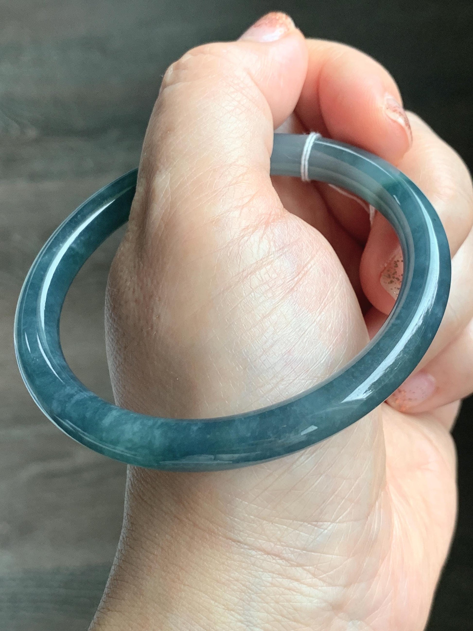 Certified Natural Grade A Guatemalan Icy Translucent Dark Teal Blue Jade Jadeite Bangle 58.5mm 7.23” 32g 天然冰危蓝翡翠圆条手镯 472