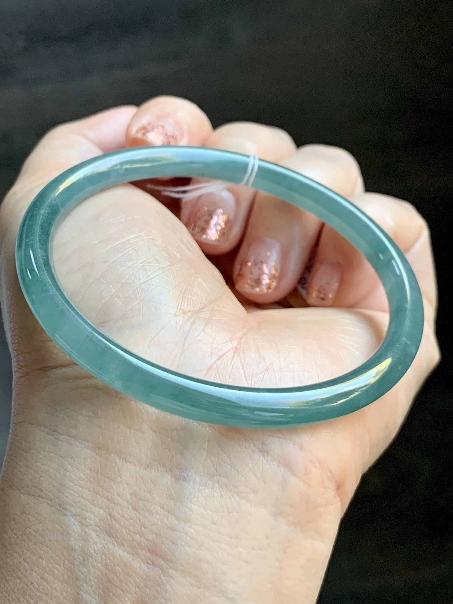 Certified Natural Grade A Guatemalan Icy Translucent Dusty Teal Green Jade Jadeite Slim Bangle 60mm 7.42” 21g 天然冰危晴蓝翡翠细圆条手镯 461