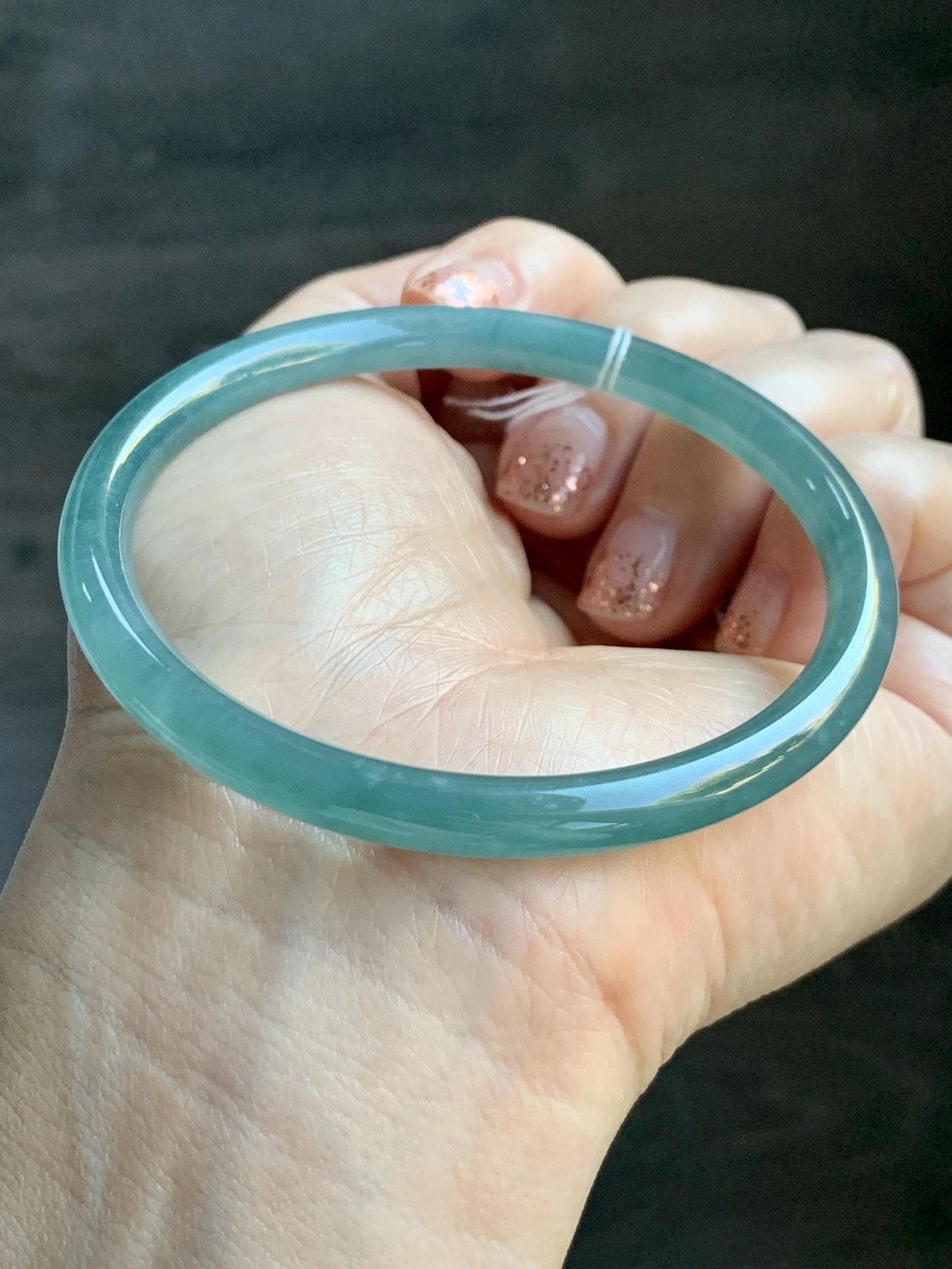 Certified Natural Grade A Guatemalan Icy Translucent Dusty Teal Green Jade Jadeite Slim Bangle 60mm 7.42” 21g 天然冰危晴蓝翡翠细圆条手镯 461