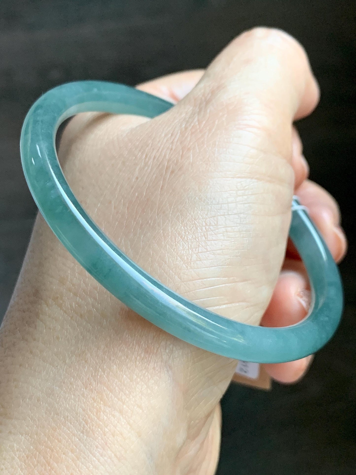 Certified Natural Grade A Guatemalan Icy Translucent Dusty Teal Green Jade Jadeite Slim Bangle 60mm 7.42” 21g 天然冰危晴蓝翡翠细圆条手镯 461