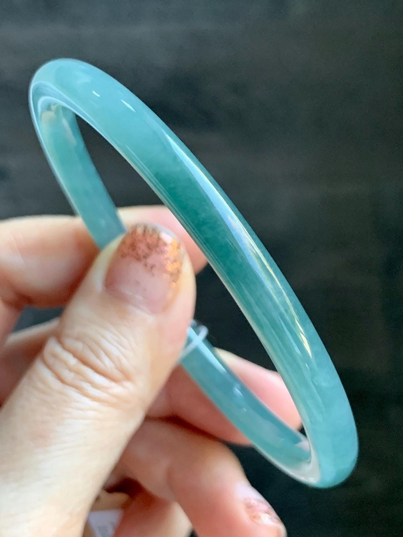 Certified Natural Grade A Guatemalan Icy Translucent Dusty Teal Green Jade Jadeite Slim Bangle 60mm 7.42” 21g 天然冰危晴蓝翡翠细圆条手镯 461