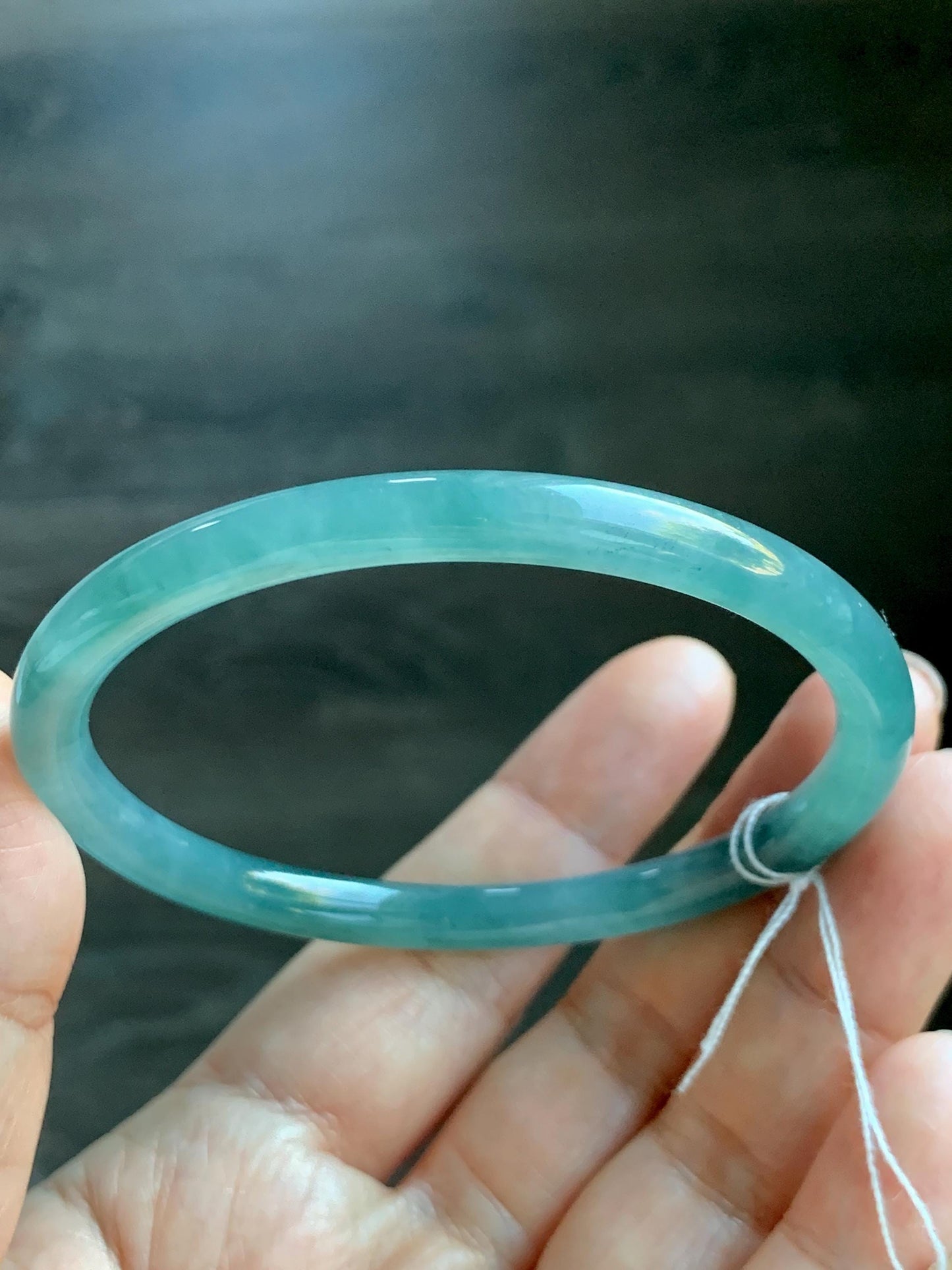 Certified Natural Grade A Guatemalan Icy Translucent Dusty Teal Green Jade Jadeite Slim Bangle 60mm 7.42” 21g 天然冰危晴蓝翡翠细圆条手镯 461