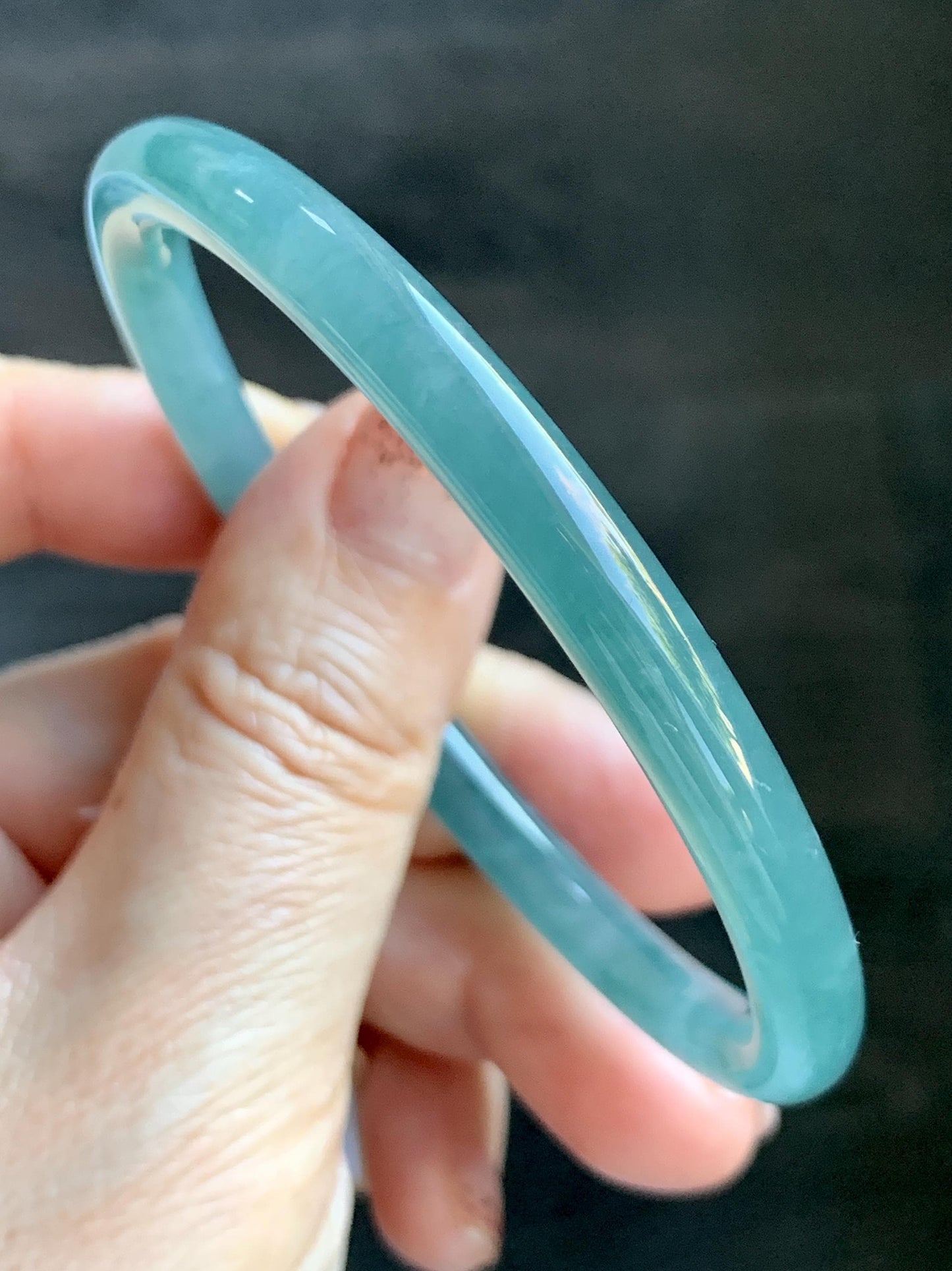Certified Natural Grade A Guatemalan Icy Translucent Dusty Teal Green Jade Jadeite Slim Bangle 60mm 7.42” 21g 天然冰危晴蓝翡翠细圆条手镯 461
