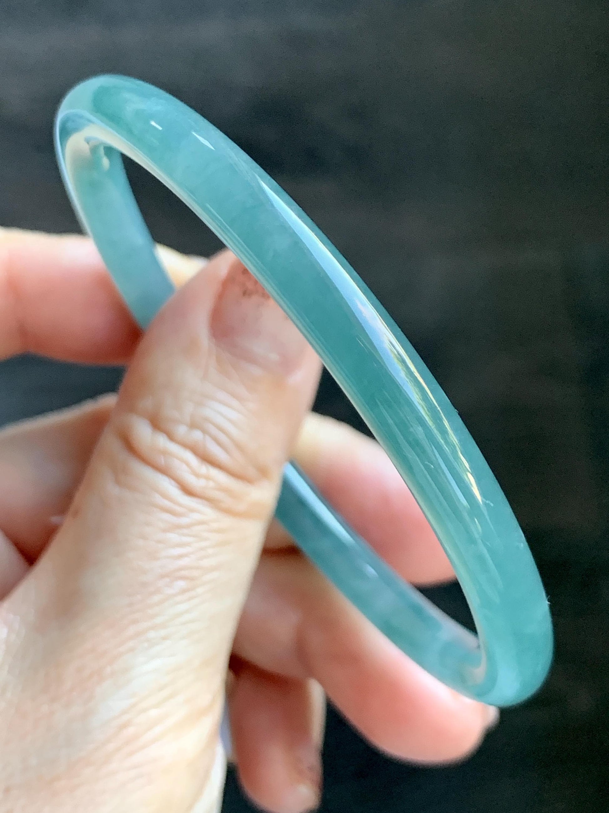 Certified Natural Grade A Guatemalan Icy Translucent Dusty Teal Green Jade Jadeite Slim Bangle 60mm 7.42” 21g 天然冰危晴蓝翡翠细圆条手镯 461