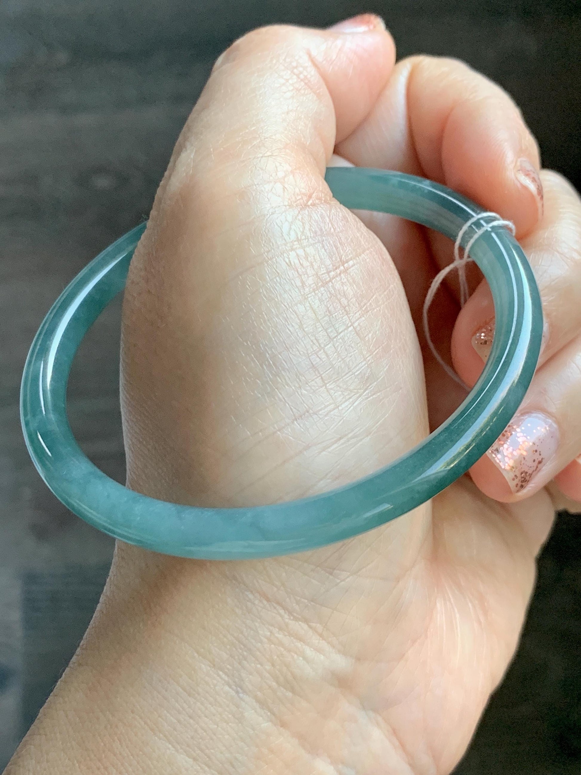 Certified Natural Grade A Guatemalan Icy Translucent Dusty Teal Green Jade Jadeite Slim Bangle 60mm 7.42” 21g 天然冰危晴蓝翡翠细圆条手镯 461