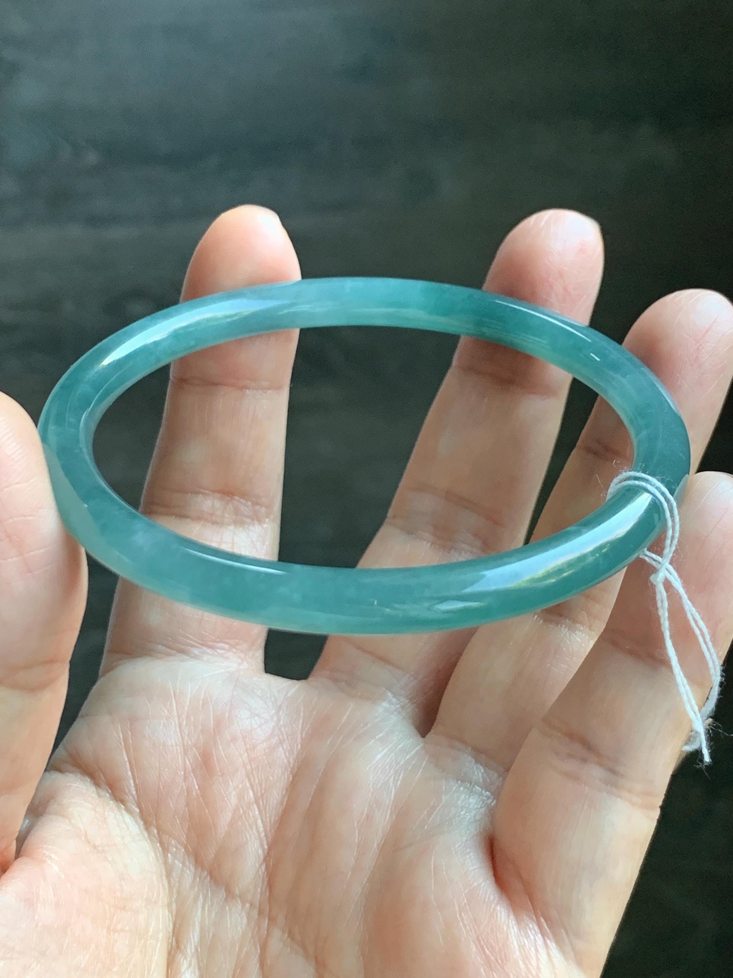Certified Natural Grade A Guatemalan Icy Translucent Dusty Teal Green Jade Jadeite Slim Bangle 60mm 7.42” 21g 天然冰危晴蓝翡翠细圆条手镯 461