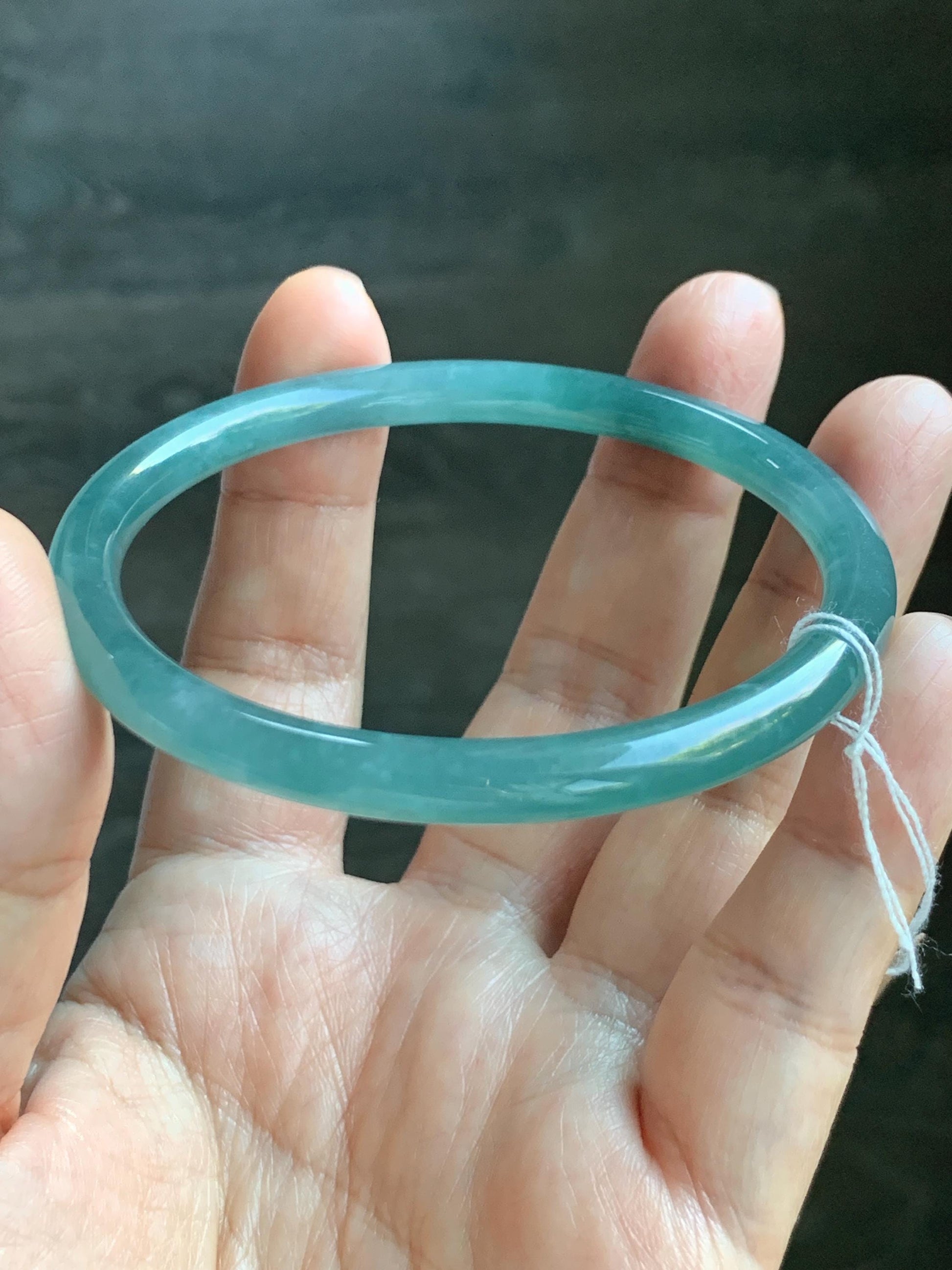 Certified Natural Grade A Guatemalan Icy Translucent Dusty Teal Green Jade Jadeite Slim Bangle 60mm 7.42” 21g 天然冰危晴蓝翡翠细圆条手镯 461