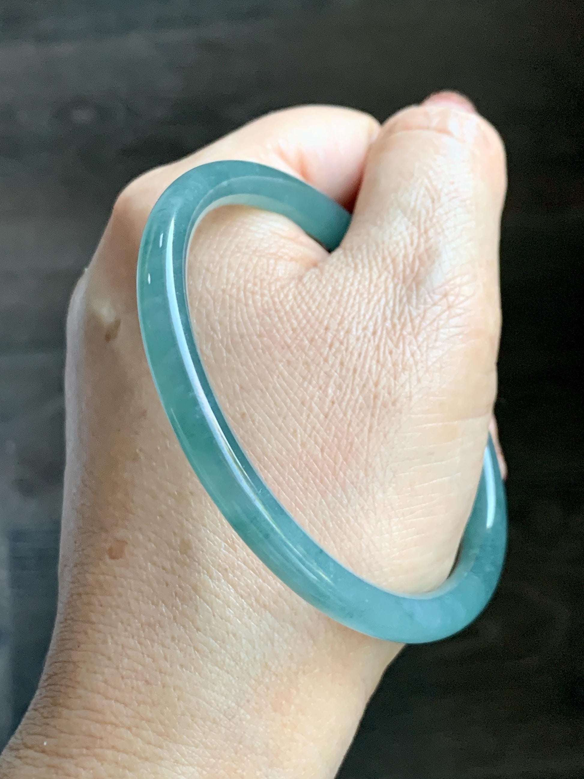 Certified Natural Grade A Guatemalan Icy Translucent Dusty Teal Green Jade Jadeite Slim Bangle 60mm 7.42” 21g 天然冰危晴蓝翡翠细圆条手镯 461