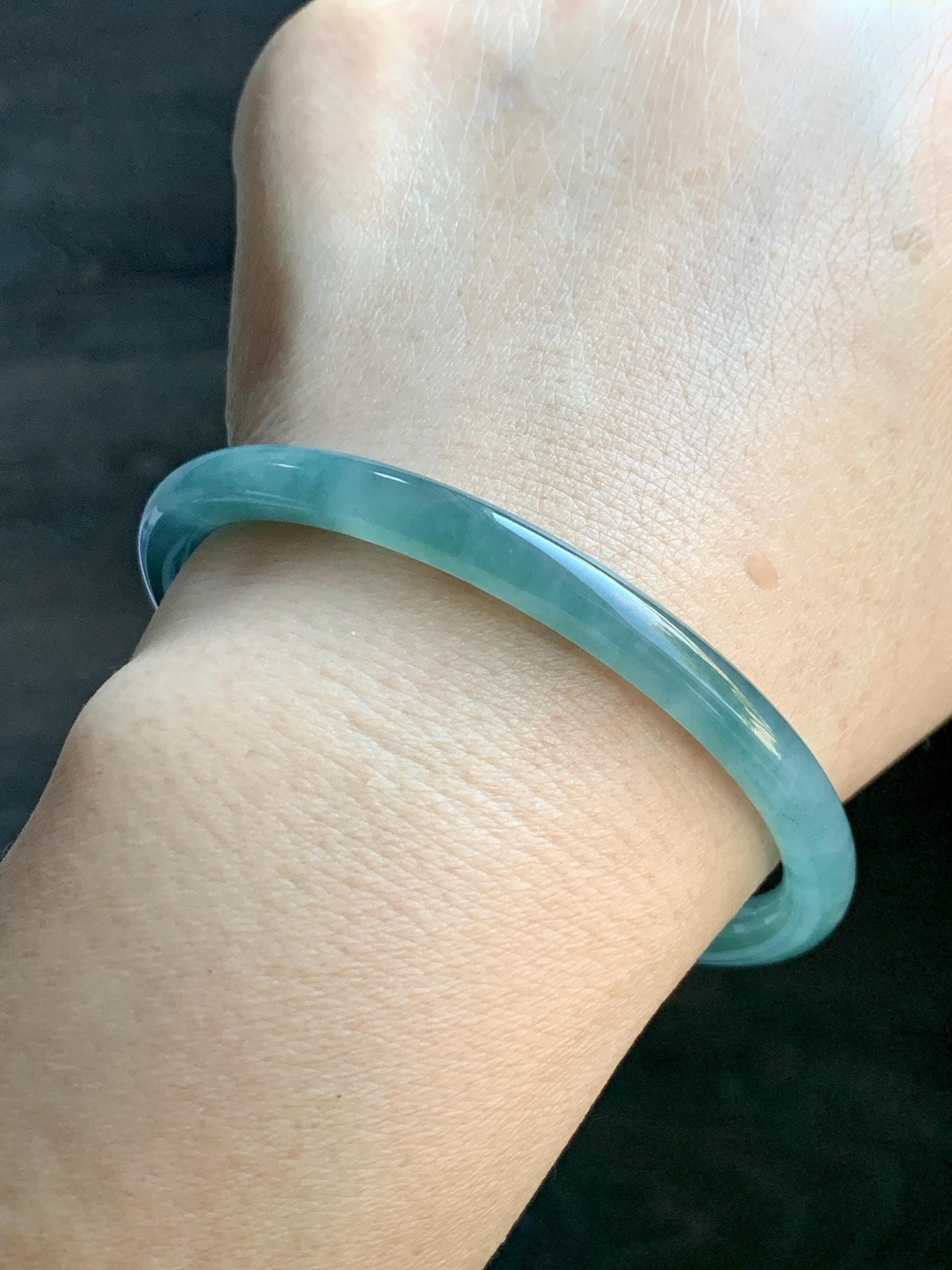 Certified Natural Grade A Guatemalan Icy Translucent Dusty Teal Green Jade Jadeite Slim Bangle 60mm 7.42” 21g 天然冰危晴蓝翡翠细圆条手镯 461