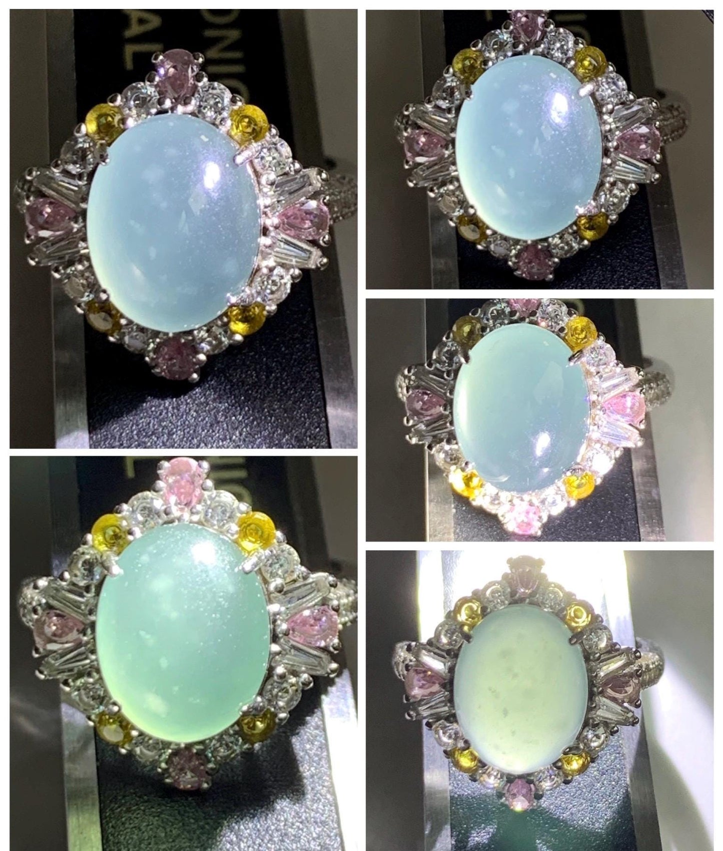 Natural Grade A Guatemalan Icy Translucent Pastel Teal Blue Oval Jade Jadeite Ring Sterling Silver Size Adjustable 天然冰危蓝翡翠银镶戒指 LDB132