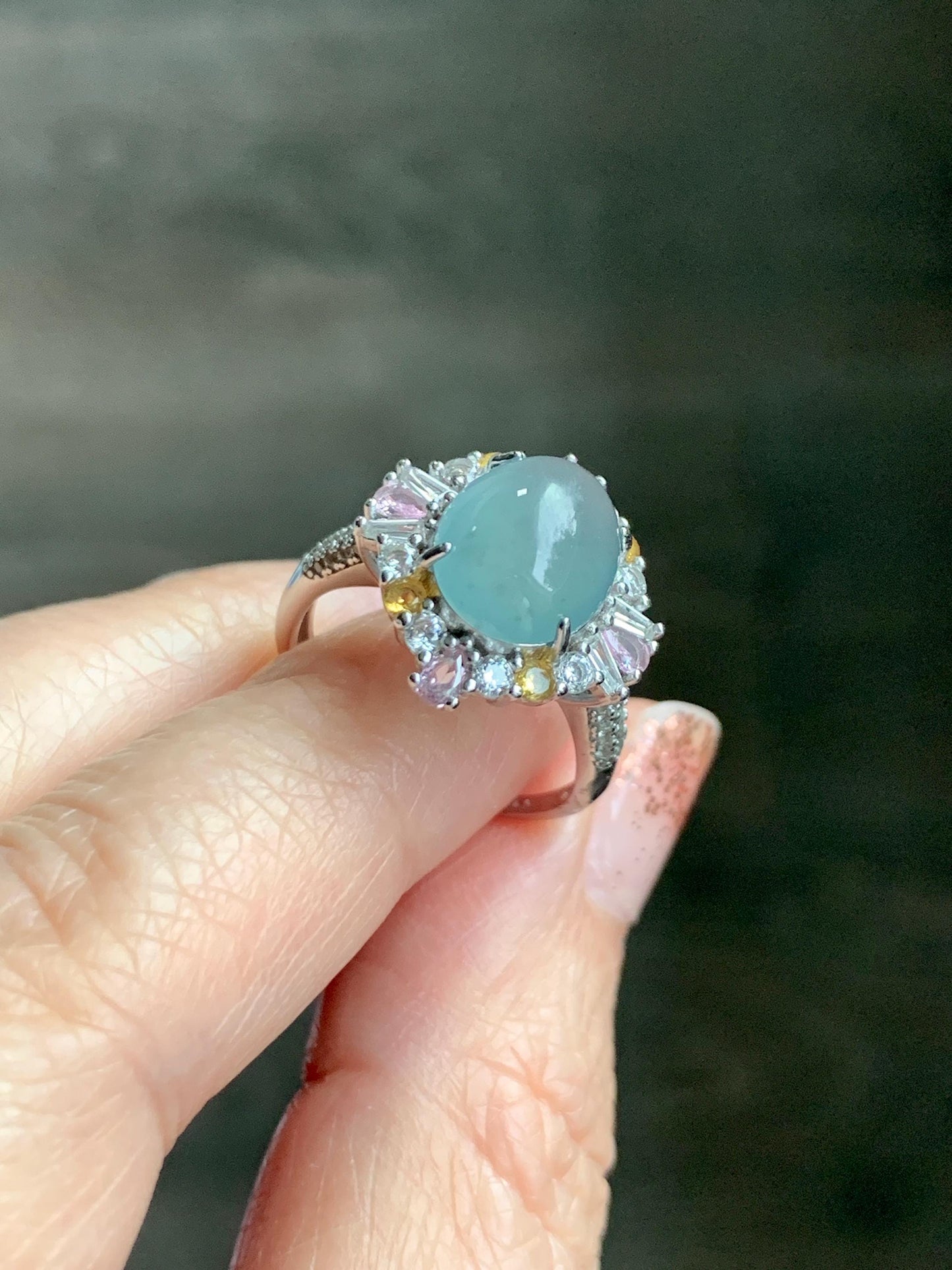 Natural Grade A Guatemalan Icy Translucent Pastel Teal Blue Oval Jade Jadeite Ring Sterling Silver Size Adjustable 天然冰危蓝翡翠银镶戒指 LDB132