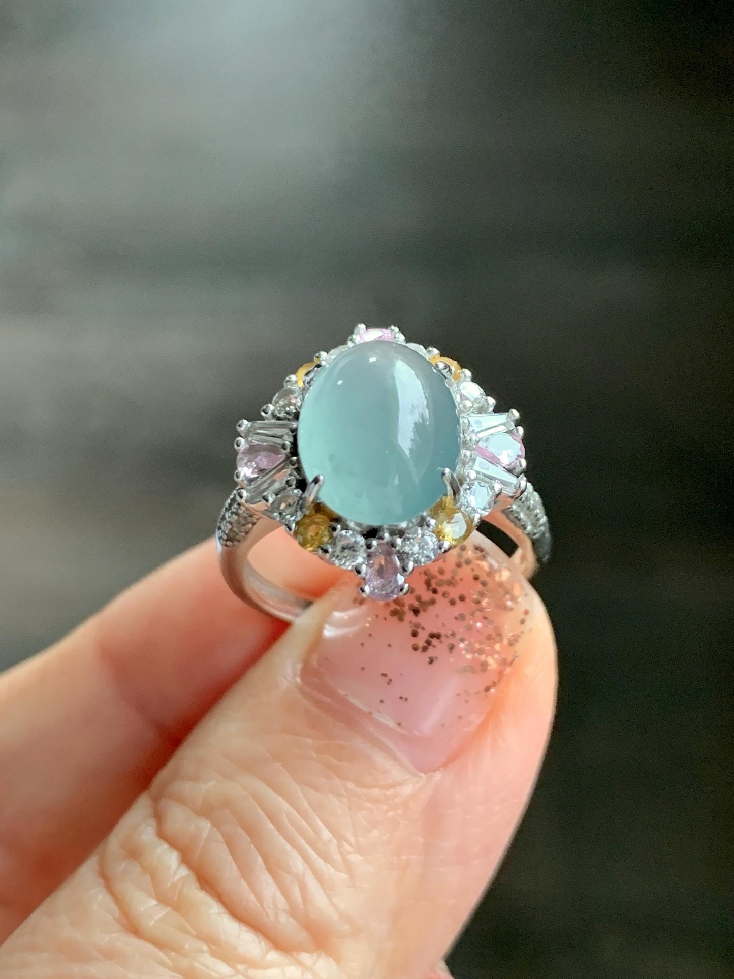 Natural Grade A Guatemalan Icy Translucent Pastel Teal Blue Oval Jade Jadeite Ring Sterling Silver Size Adjustable 天然冰危蓝翡翠银镶戒指 LDB132