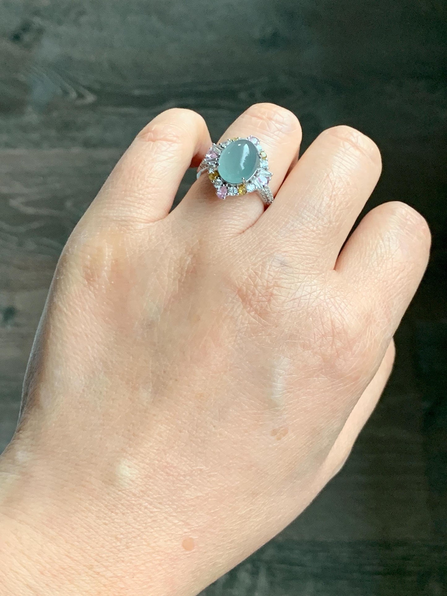 Natural Grade A Guatemalan Icy Translucent Pastel Teal Blue Oval Jade Jadeite Ring Sterling Silver Size Adjustable 天然冰危蓝翡翠银镶戒指 LDB132