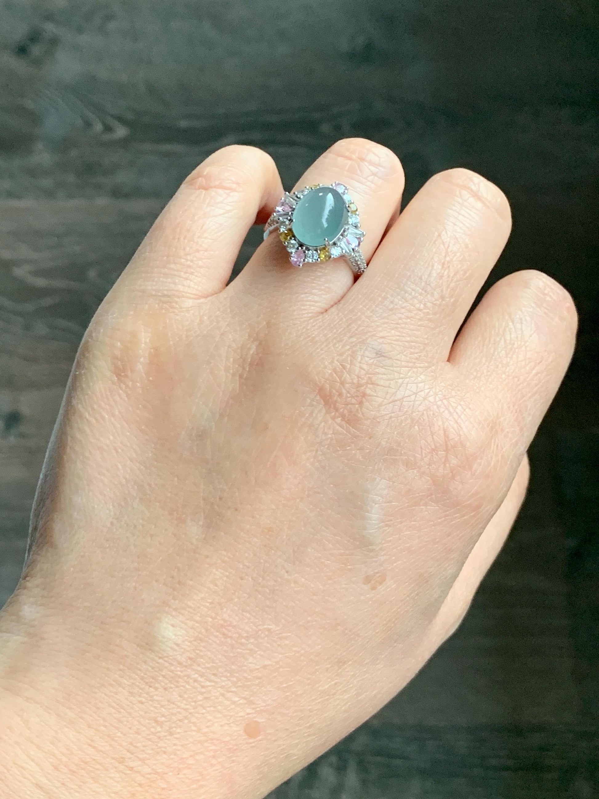 Natural Grade A Guatemalan Icy Translucent Pastel Teal Blue Oval Jade Jadeite Ring Sterling Silver Size Adjustable 天然冰危蓝翡翠银镶戒指 LDB132