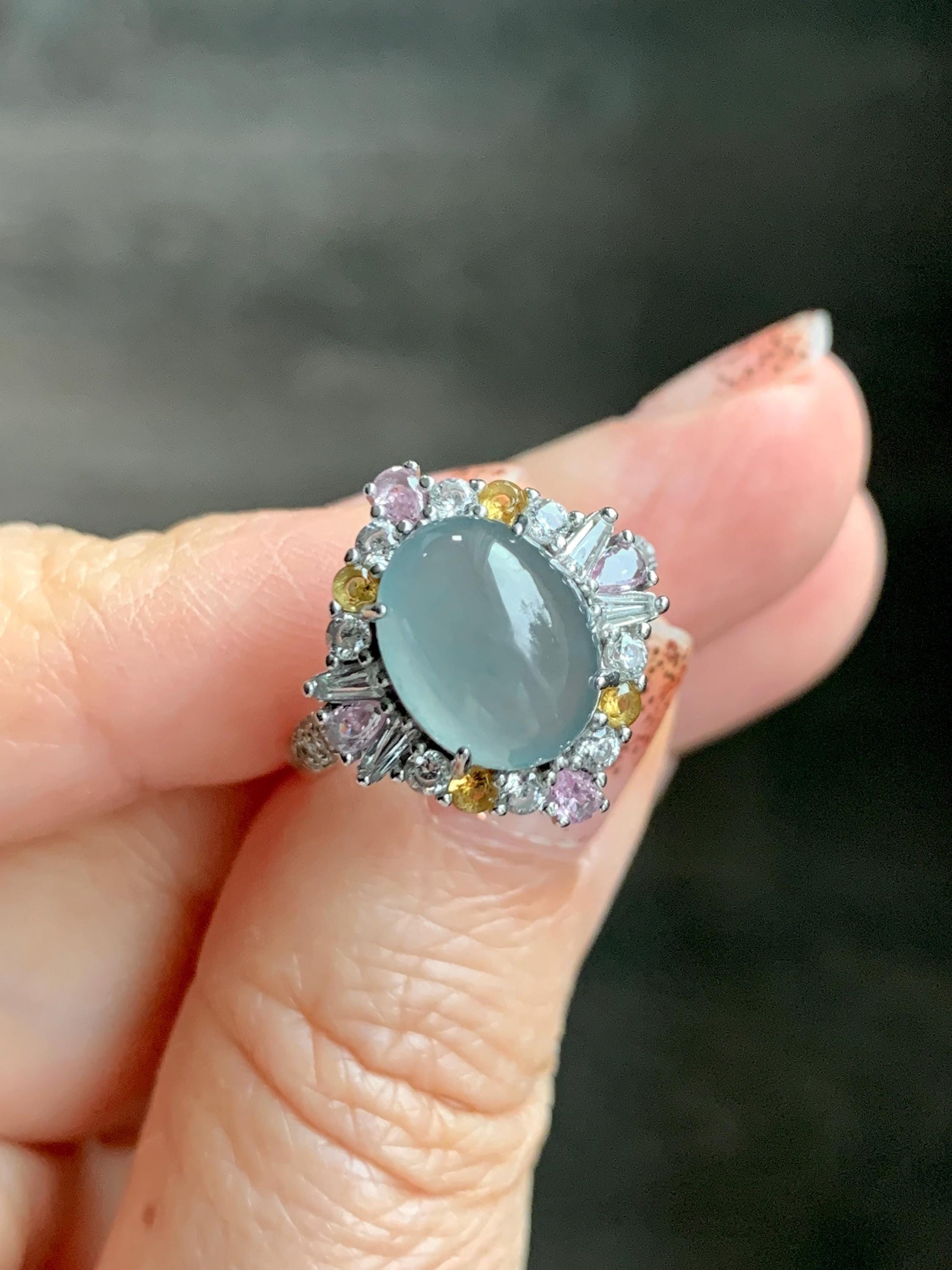 Natural Grade A Guatemalan Icy Translucent Pastel Teal Blue Oval Jade Jadeite Ring Sterling Silver Size Adjustable 天然冰危蓝翡翠银镶戒指 LDB132
