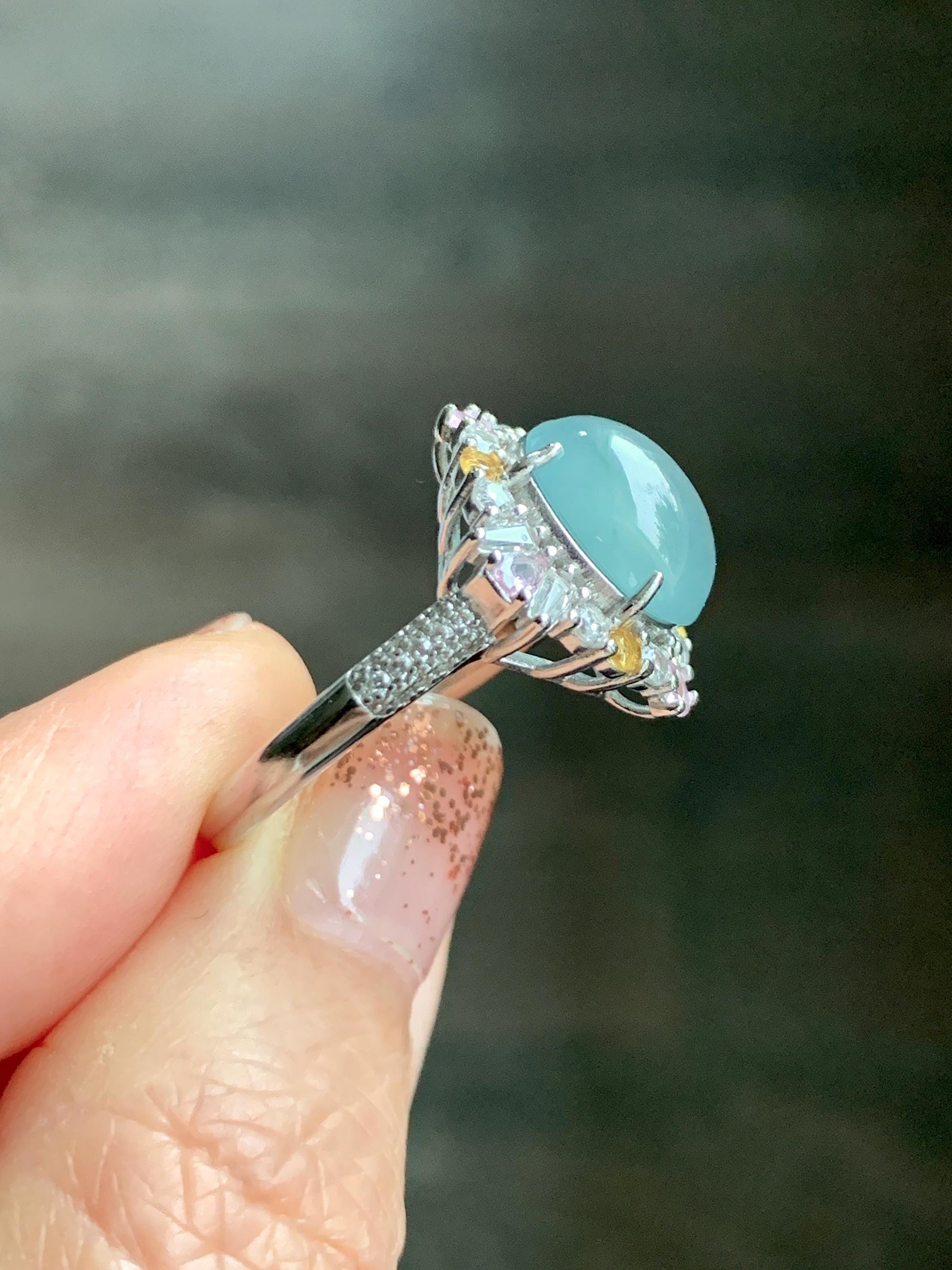 Natural Grade A Guatemalan Icy Translucent Pastel Teal Blue Oval Jade Jadeite Ring Sterling Silver Size Adjustable 天然冰危蓝翡翠银镶戒指 LDB132