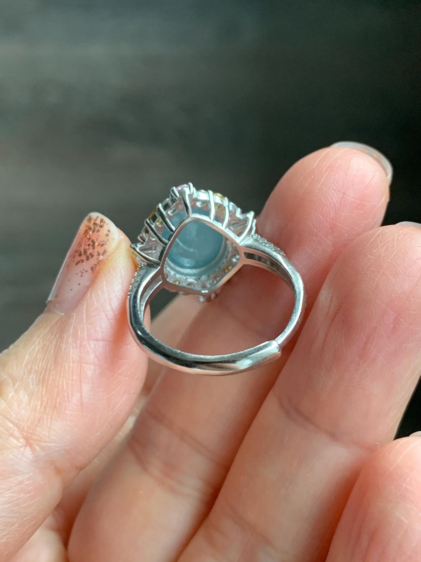 Natural Grade A Guatemalan Icy Translucent Pastel Teal Blue Oval Jade Jadeite Ring Sterling Silver Size Adjustable 天然冰危蓝翡翠银镶戒指 LDB132