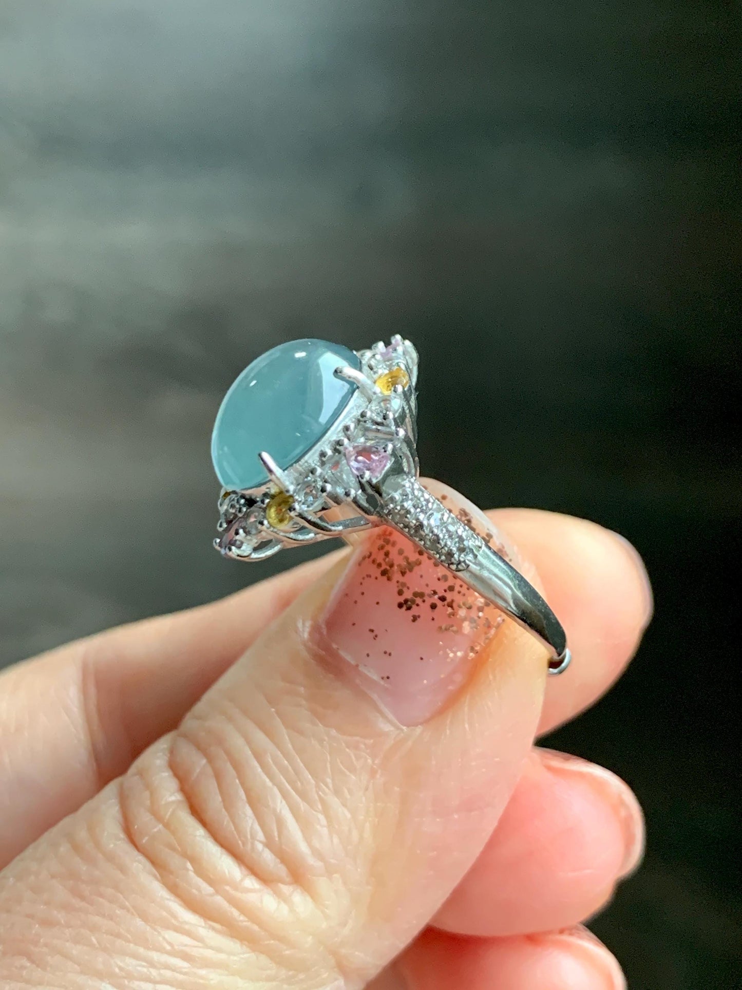 Natural Grade A Guatemalan Icy Translucent Pastel Teal Blue Oval Jade Jadeite Ring Sterling Silver Size Adjustable 天然冰危蓝翡翠银镶戒指 LDB132