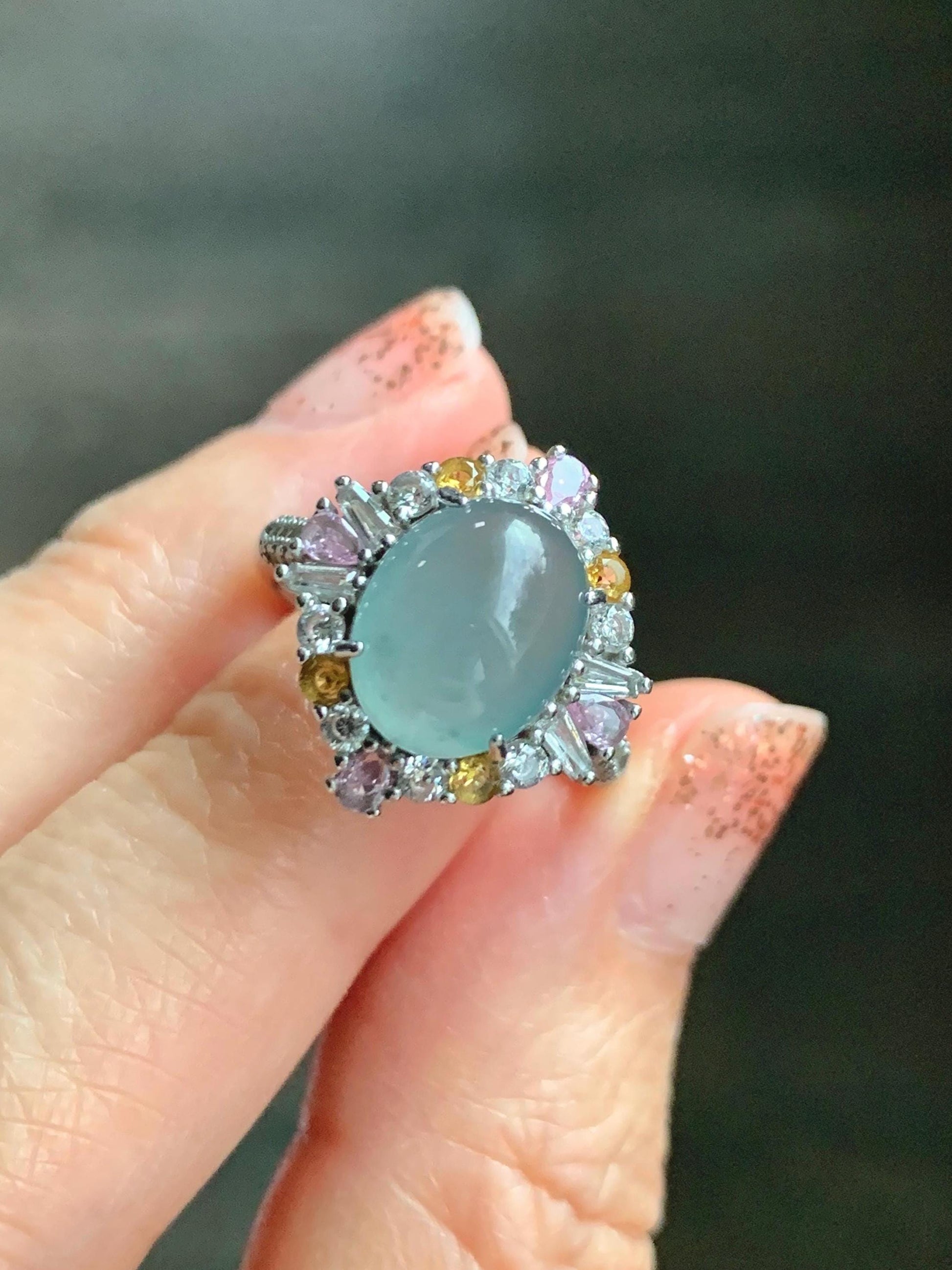 Natural Grade A Guatemalan Icy Translucent Pastel Teal Blue Oval Jade Jadeite Ring Sterling Silver Size Adjustable 天然冰危蓝翡翠银镶戒指 LDB132