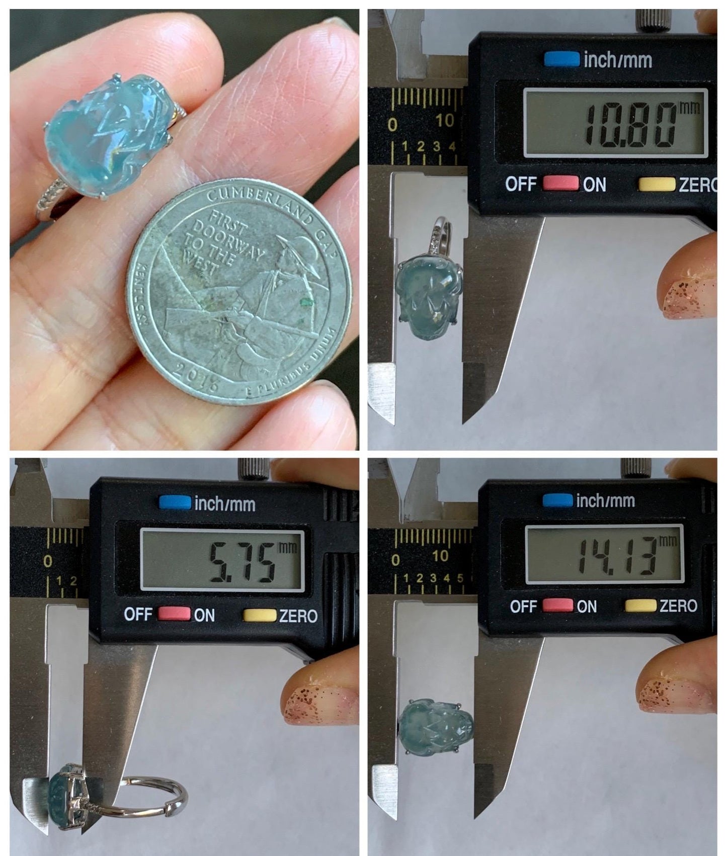 Natural Grade A Guatemalan Icy Highly Translucent Teal Jade Jadeite Pixiu Ring Sterling Silver Size 7 US Adjustable 天然冰危浅蓝翡翠貔貅银镶戒指 WLP96A