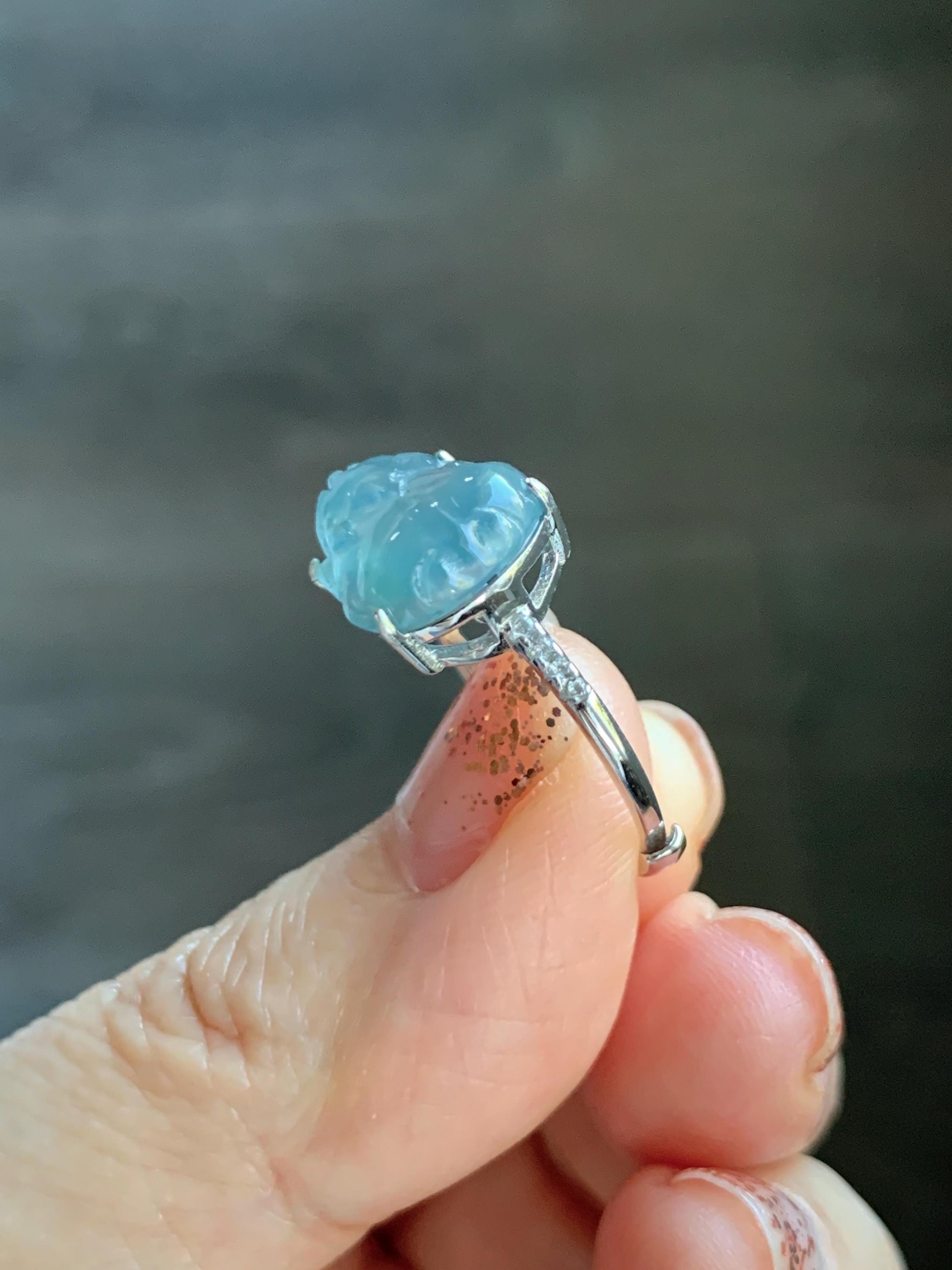 Natural Grade A Guatemalan Icy Highly Translucent Teal Jade Jadeite Pixiu Ring Sterling Silver Size 7 US Adjustable 天然冰危浅蓝翡翠貔貅银镶戒指 WLP96A