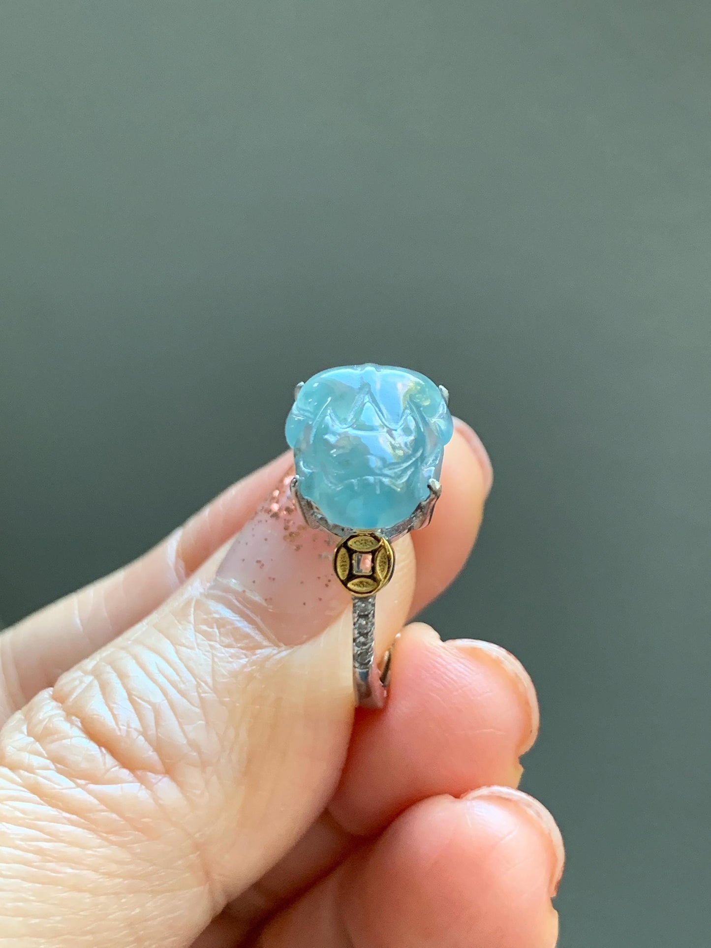Natural Grade A Guatemalan Icy Highly Translucent Teal Jade Jadeite Pixiu Ring Sterling Silver Size 7 US Adjustable 天然冰危浅蓝翡翠貔貅银镶戒指 WLP96A