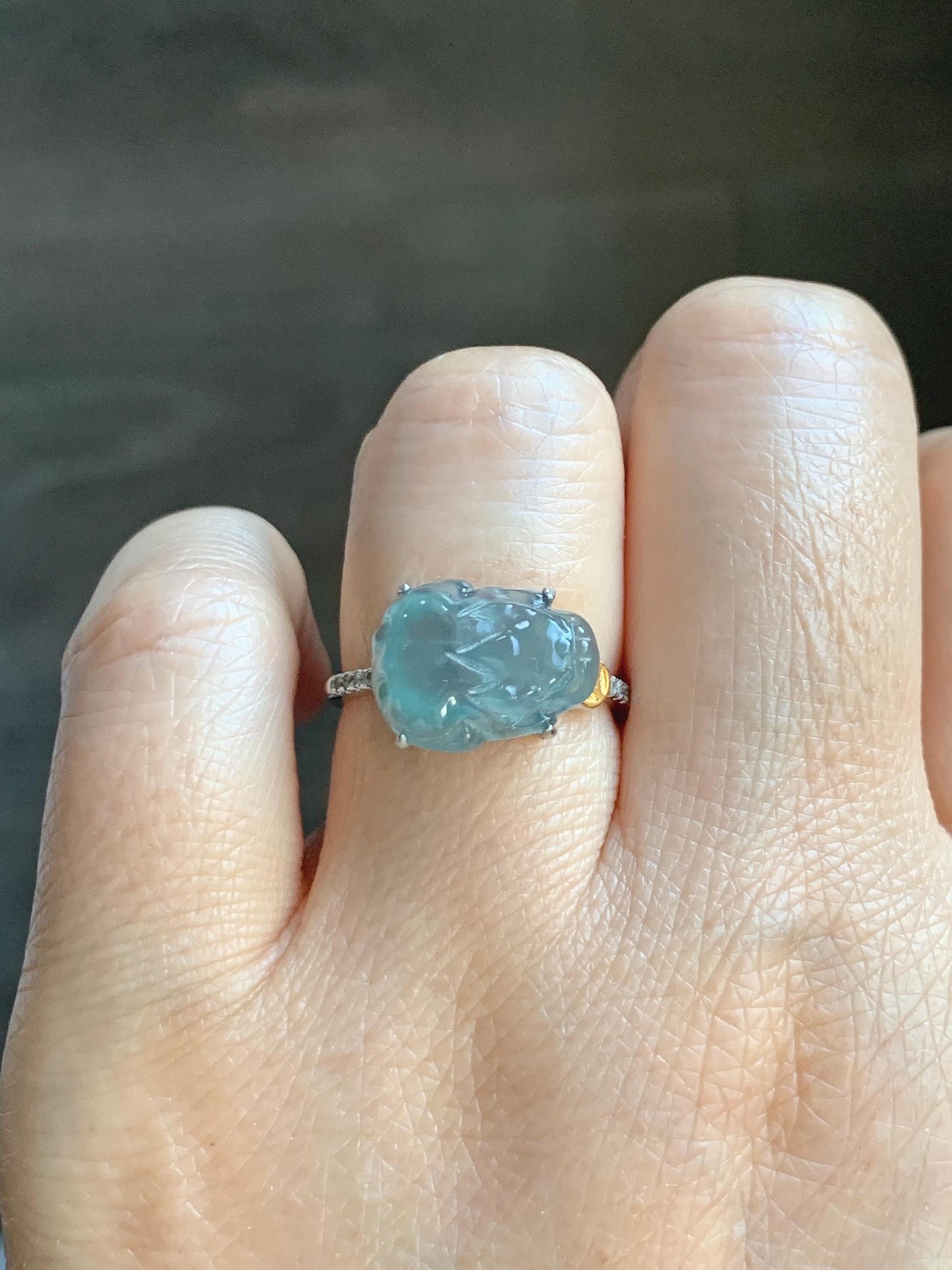 Natural Grade A Guatemalan Icy Highly Translucent Teal Jade Jadeite Pixiu Ring Sterling Silver Size 7 US Adjustable 天然冰危浅蓝翡翠貔貅银镶戒指 WLP96A