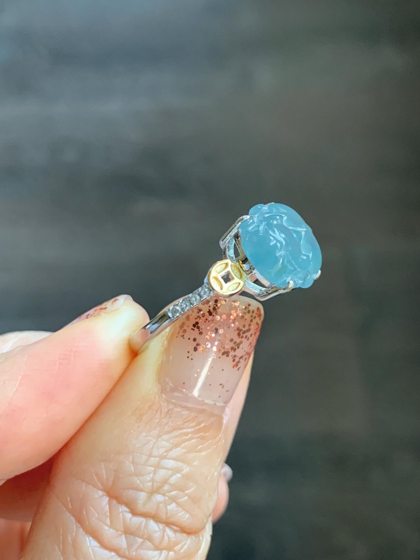 Natural Grade A Guatemalan Icy Highly Translucent Teal Jade Jadeite Pixiu Ring Sterling Silver Size 7 US Adjustable 天然冰危浅蓝翡翠貔貅银镶戒指 WLP96A