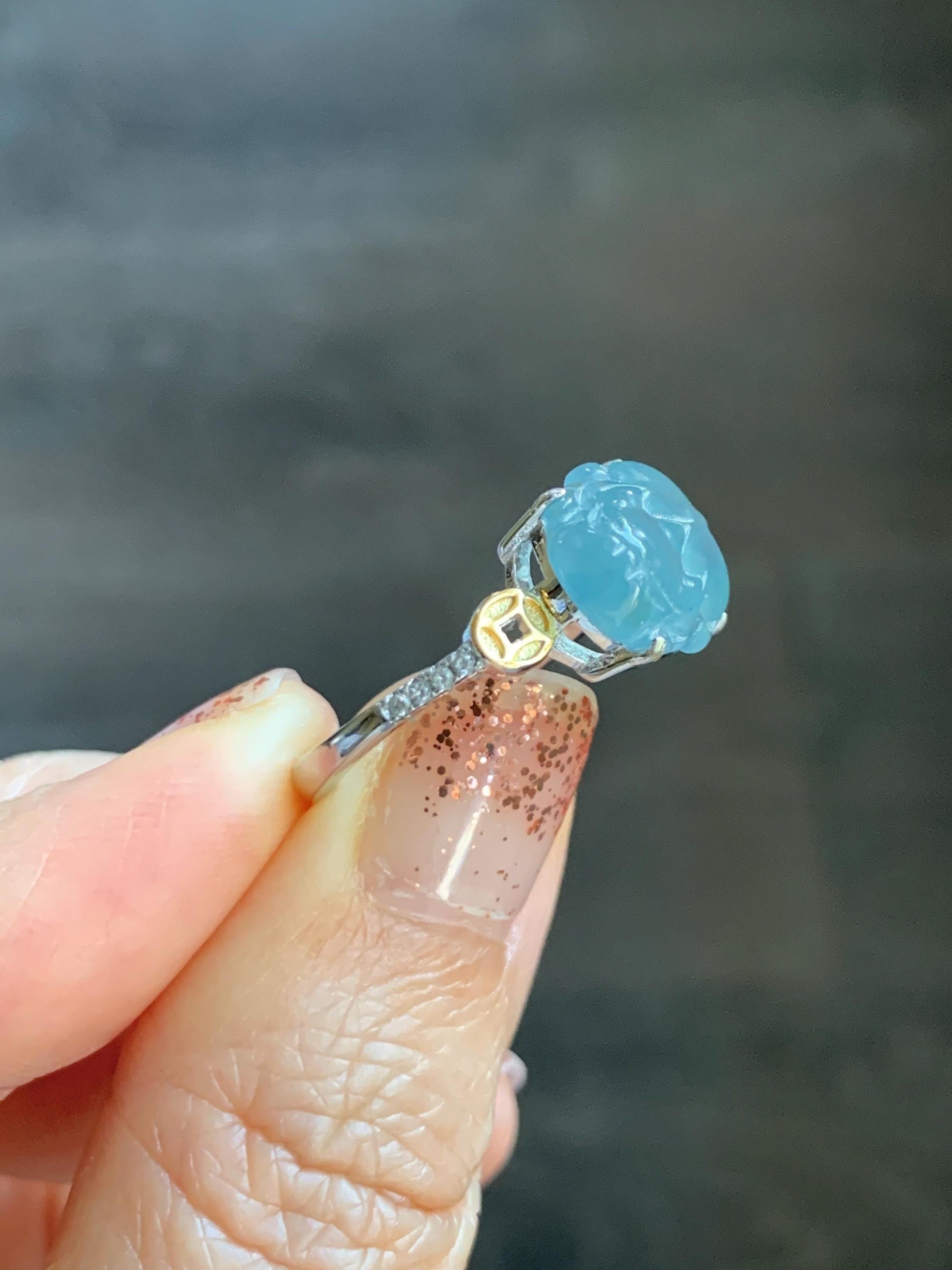 Natural Grade A Guatemalan Icy Highly Translucent Teal Jade Jadeite Pixiu Ring Sterling Silver Size 7 US Adjustable 天然冰危浅蓝翡翠貔貅银镶戒指 WLP96A