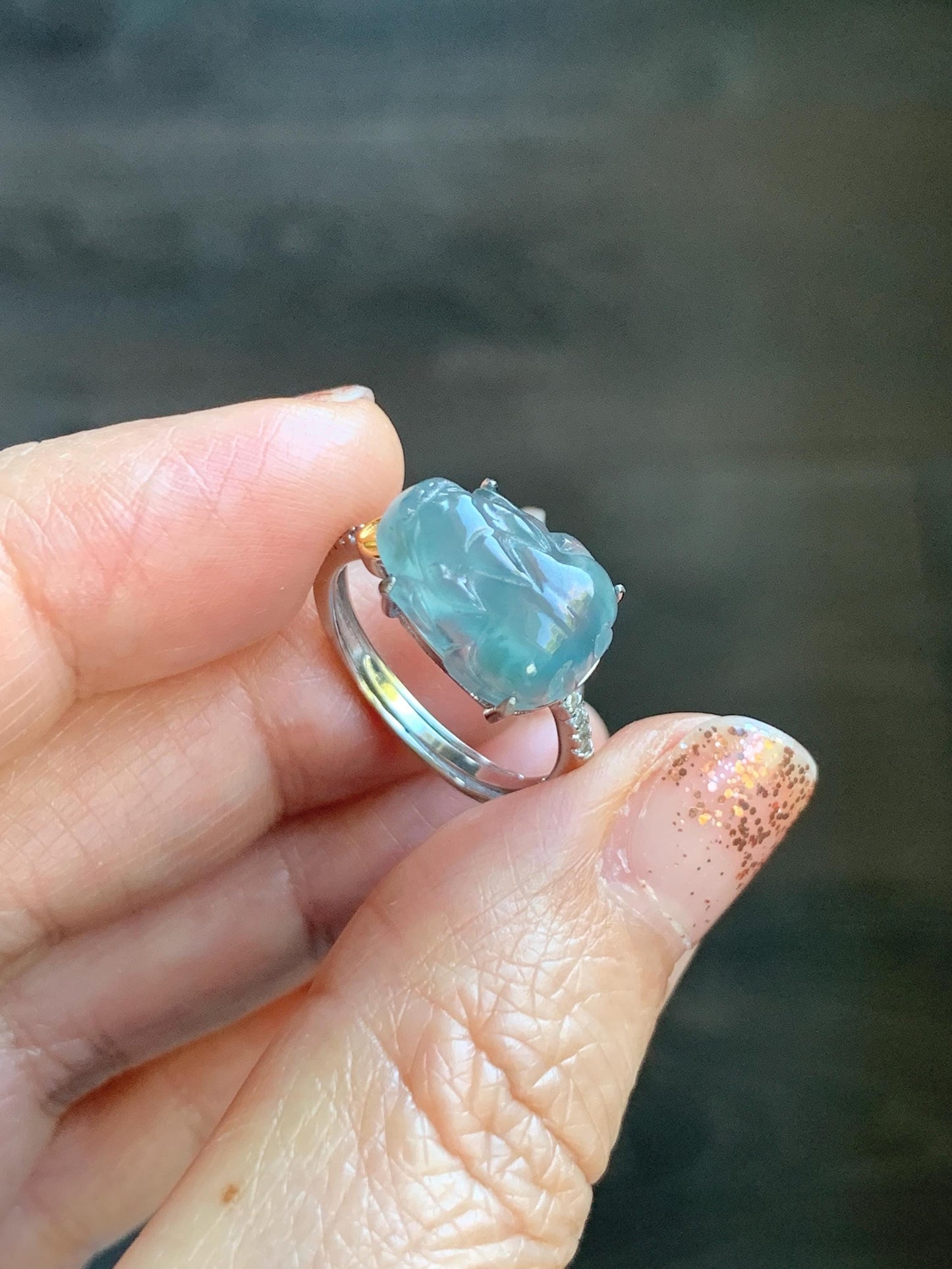 Natural Grade A Guatemalan Icy Highly Translucent Teal Jade Jadeite Pixiu Ring Sterling Silver Size 7 US Adjustable 天然冰危浅蓝翡翠貔貅银镶戒指 WLP96A