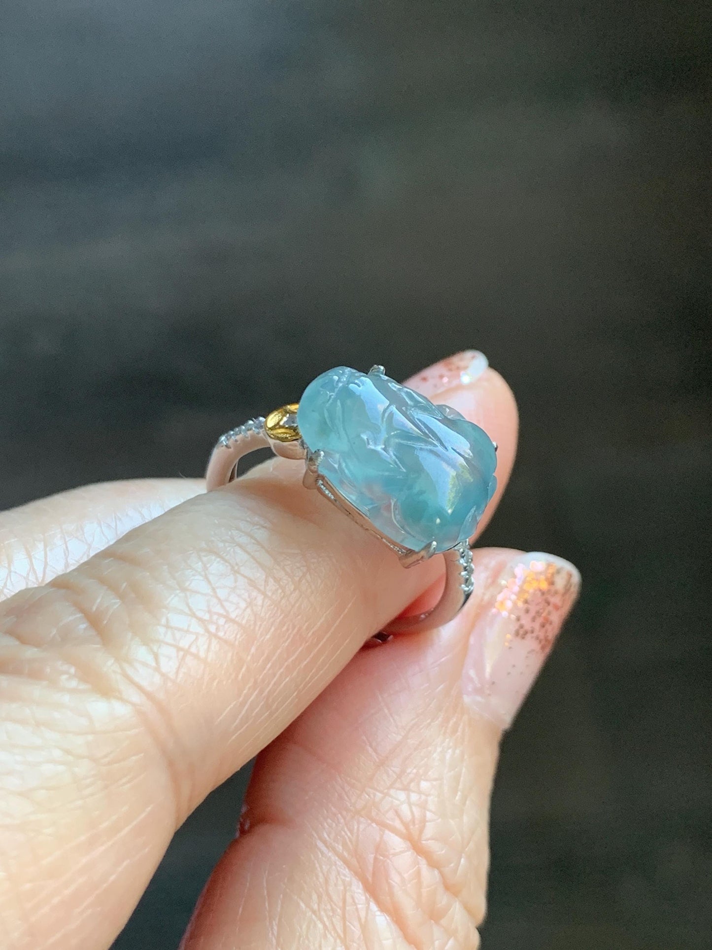 Natural Grade A Guatemalan Icy Highly Translucent Teal Jade Jadeite Pixiu Ring Sterling Silver Size 7 US Adjustable 天然冰危浅蓝翡翠貔貅银镶戒指 WLP96A