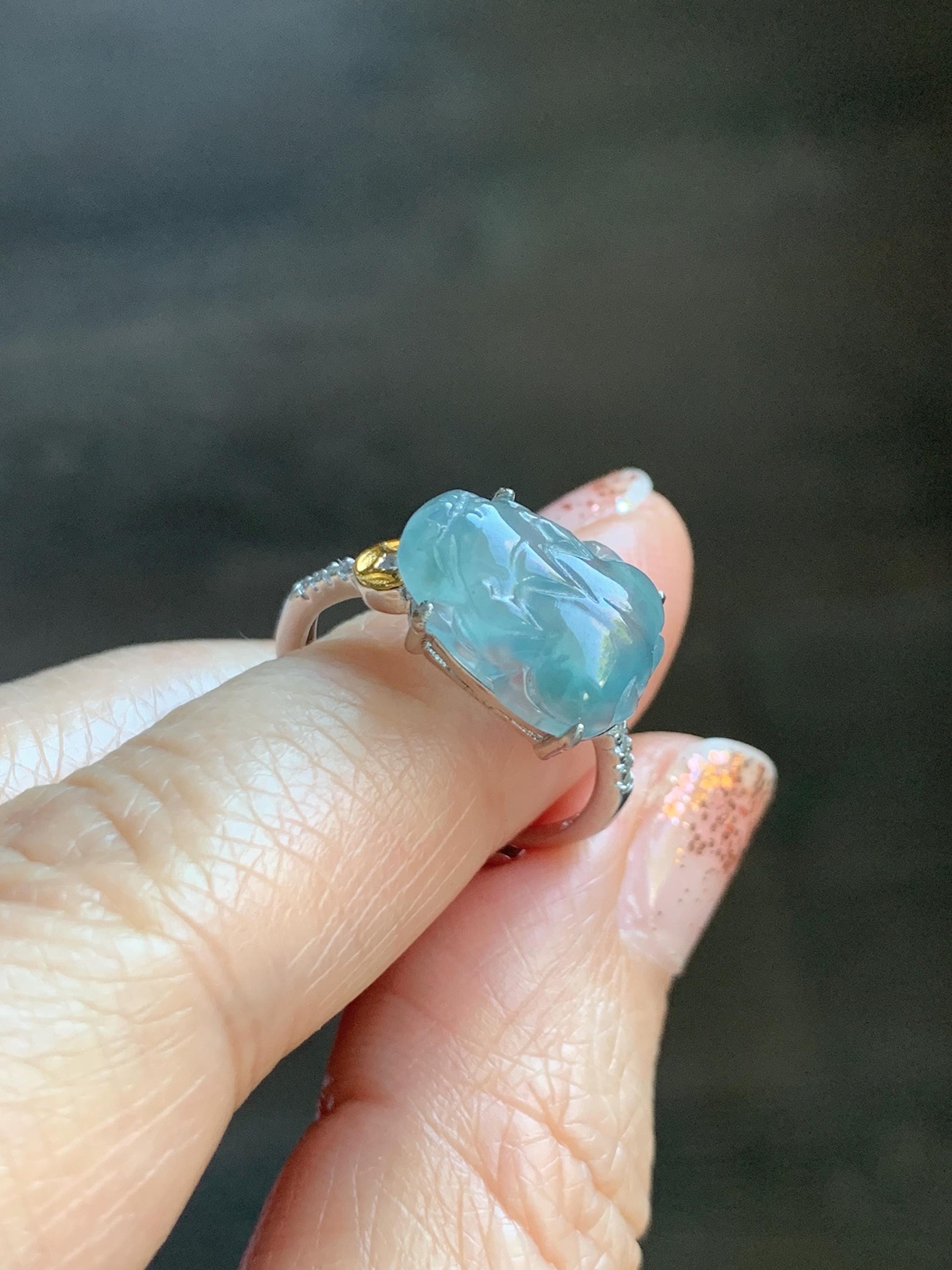 Natural Grade A Guatemalan Icy Highly Translucent Teal Jade Jadeite Pixiu Ring Sterling Silver Size 7 US Adjustable 天然冰危浅蓝翡翠貔貅银镶戒指 WLP96A