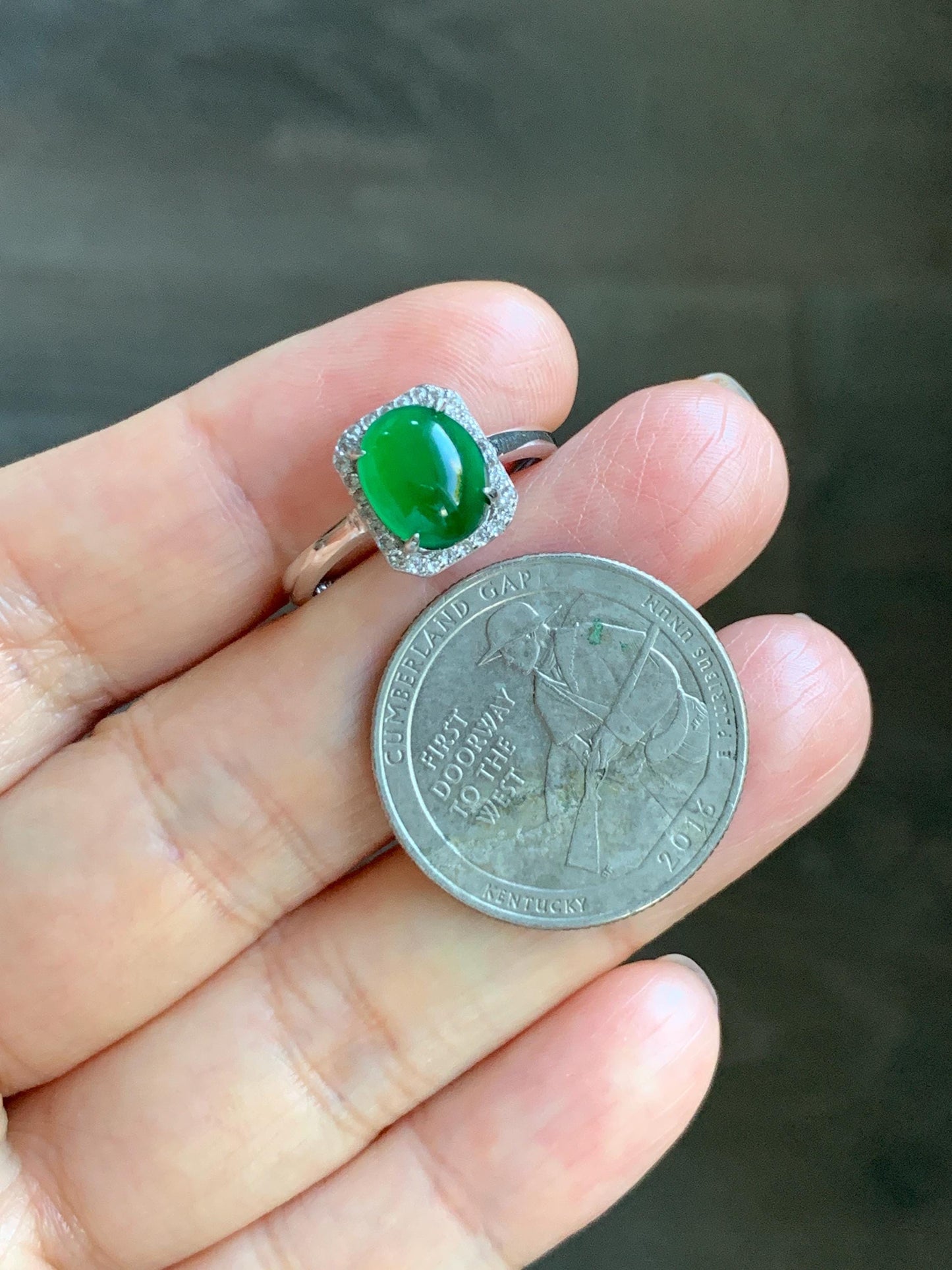 Natural Grade A Guatemalan Icy Translucent Vibrant Green Oval Jade Jadeite Ring Sterling Silver Size 7 US Adjustable 天然冰危绿翡翠蛋面银镶戒指 WLO110