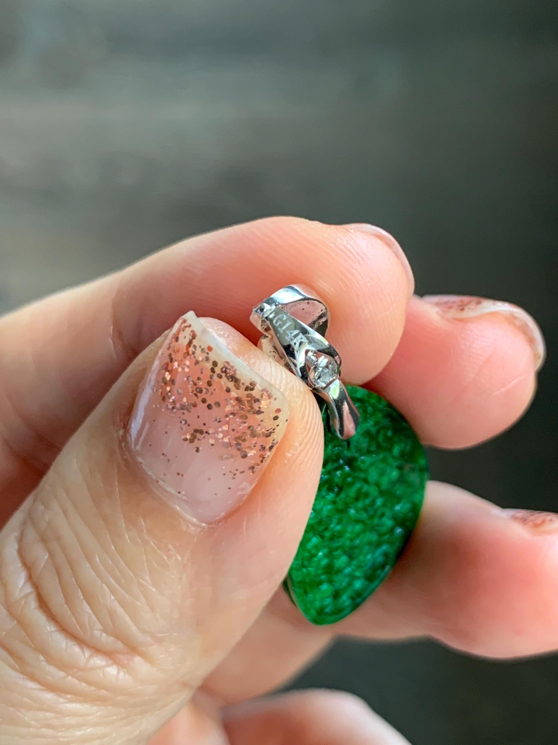 Certified Natural Grade A Intense “Hot” Green Jade Jadeite Engraved Teardrop Pendant 14K White Gold Moissanite 6g 天然满辣绿花青翡翠仿古雕水滴吊坠 160