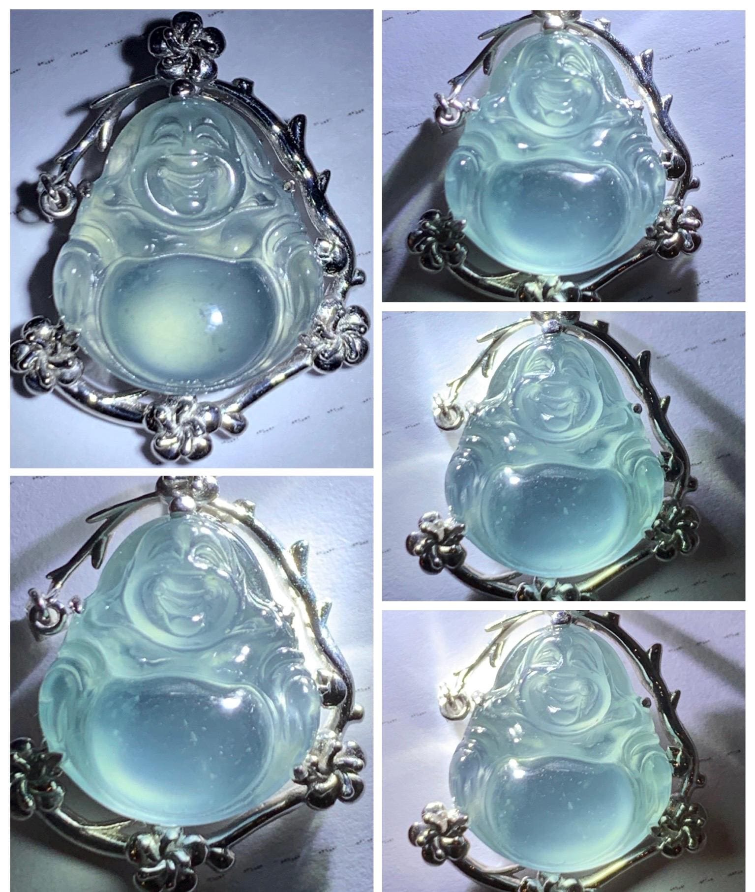 Certified Natural Grade A Guatemalan Icy Translucent Dusty Blue Jade Jadeite Buddha Petite Pendant Sterling Silver 3.12g 天然冰胶危蓝翡翠佛公镶嵌吊坠 162