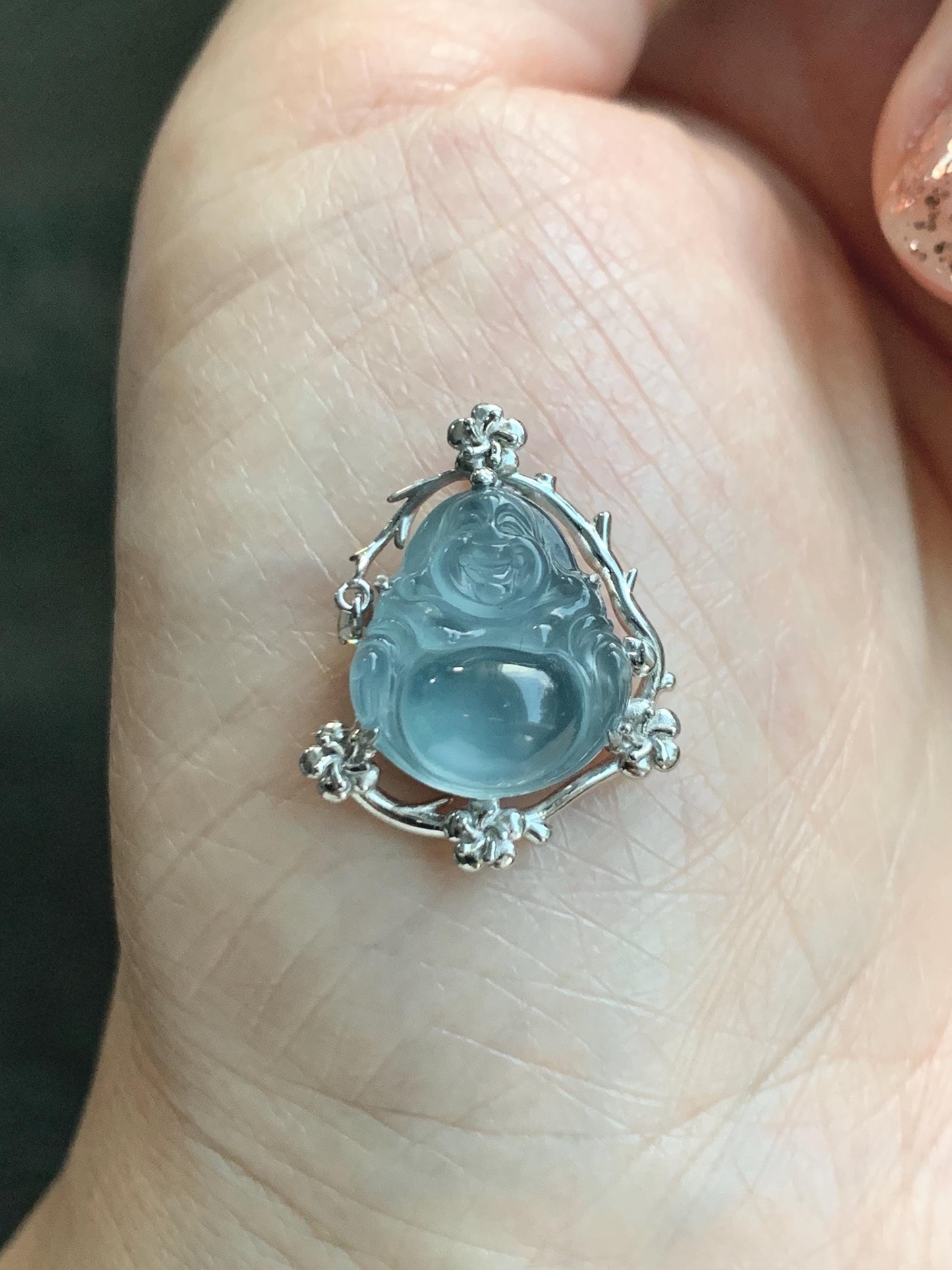 Certified Natural Grade A Guatemalan Icy Translucent Dusty Blue Jade Jadeite Buddha Petite Pendant Sterling Silver 3.12g 天然冰胶危蓝翡翠佛公镶嵌吊坠 162
