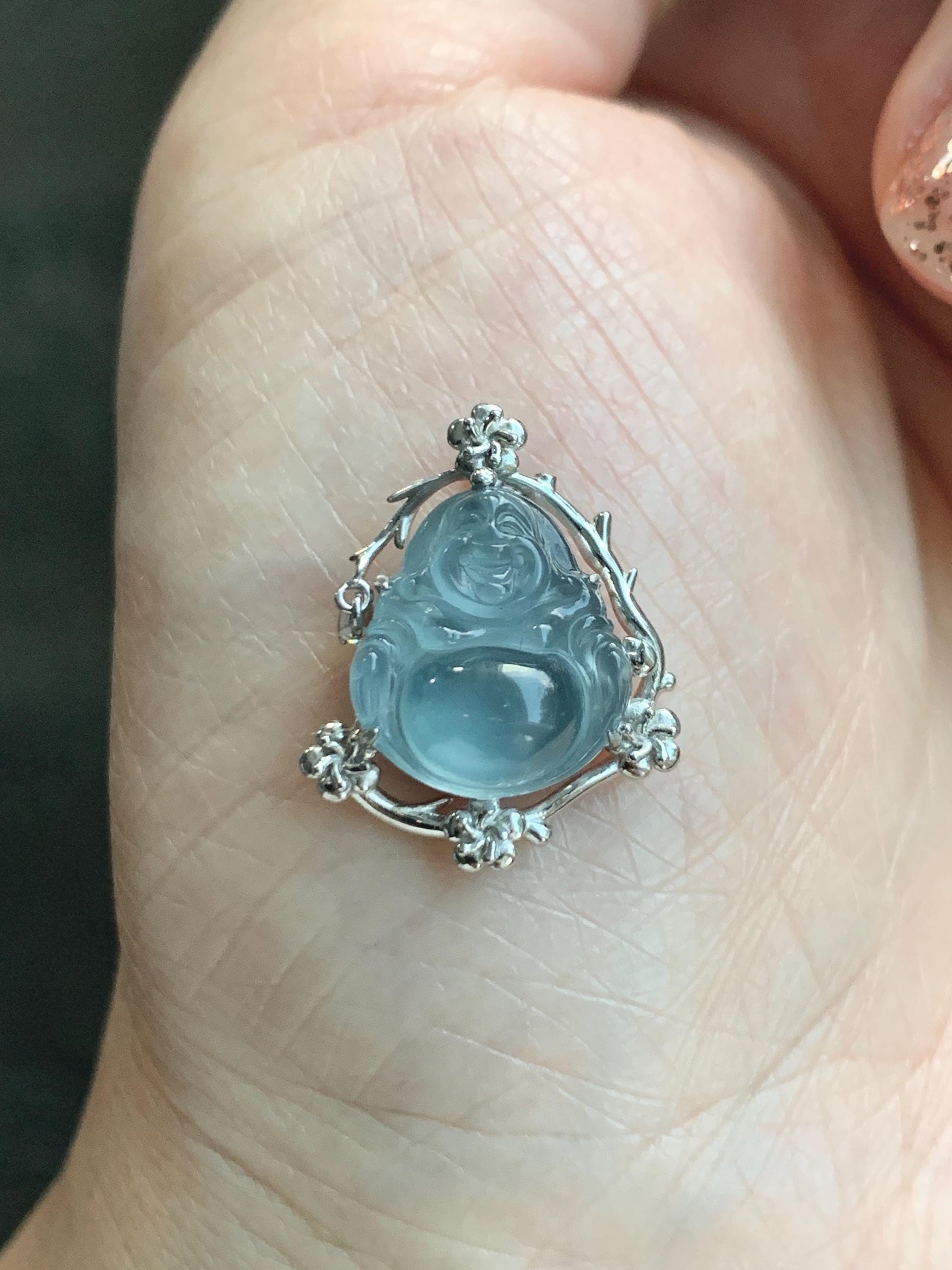 Certified Natural Grade A Guatemalan Icy Translucent Dusty Blue Jade Jadeite Buddha Petite Pendant Sterling Silver 3.12g 天然冰胶危蓝翡翠佛公镶嵌吊坠 162