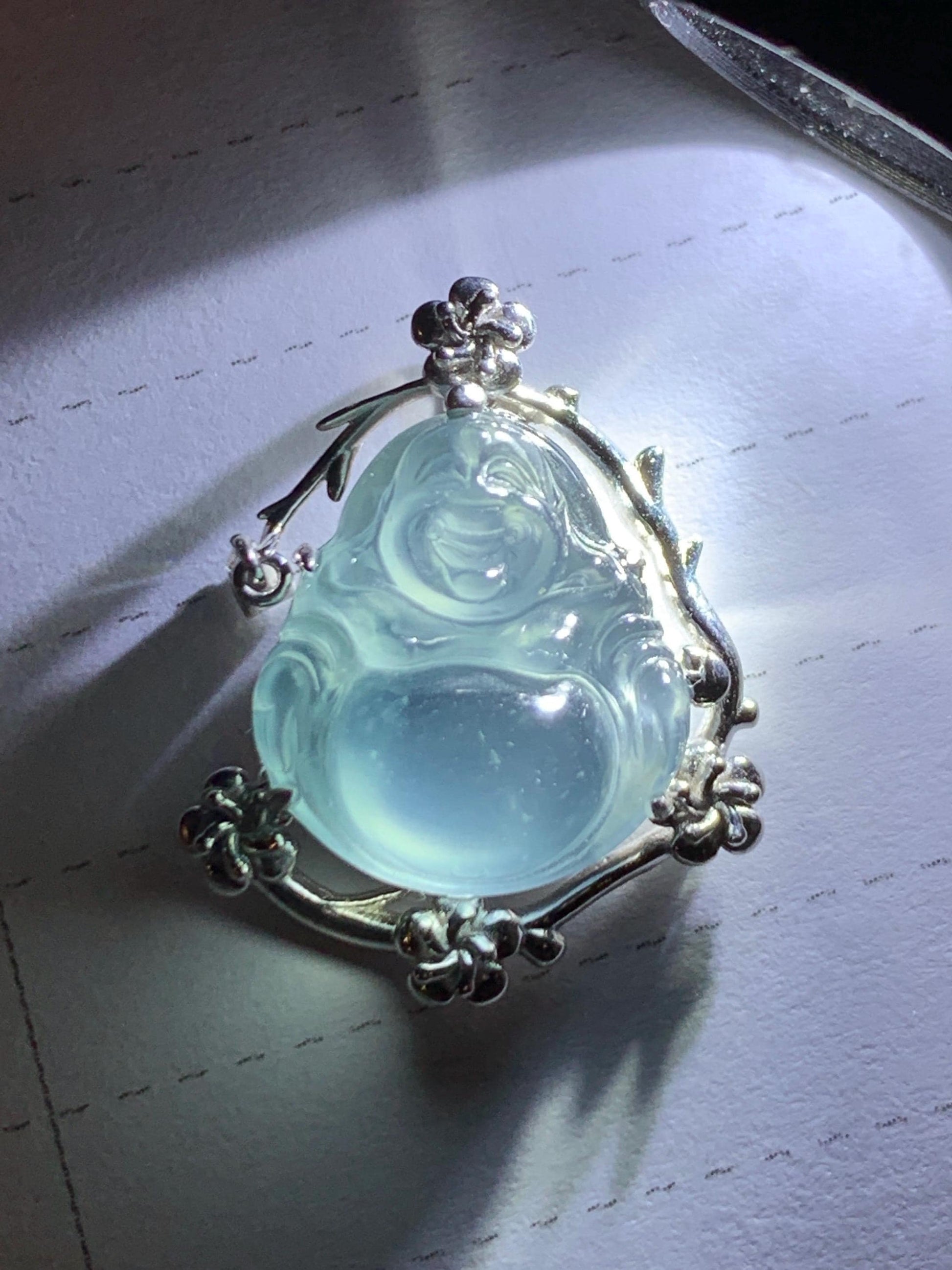 Certified Natural Grade A Guatemalan Icy Translucent Dusty Blue Jade Jadeite Buddha Petite Pendant Sterling Silver 3.12g 天然冰胶危蓝翡翠佛公镶嵌吊坠 162